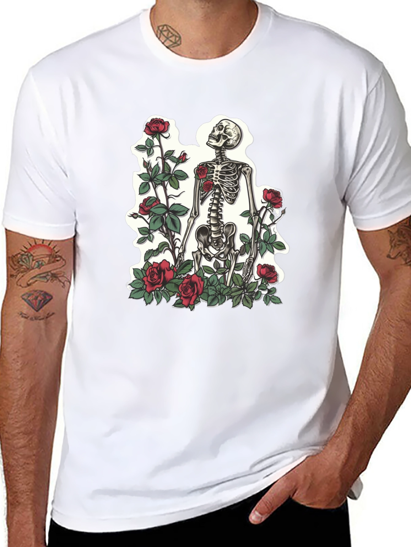 Skeleton & Roses Graphic T-Shirt - Stylish Mens Tee