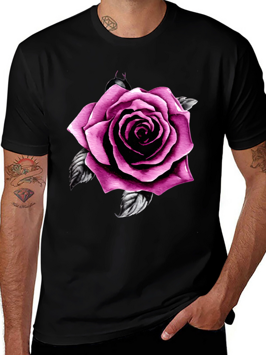 Mens Black T-Shirt with Pink Rose Design