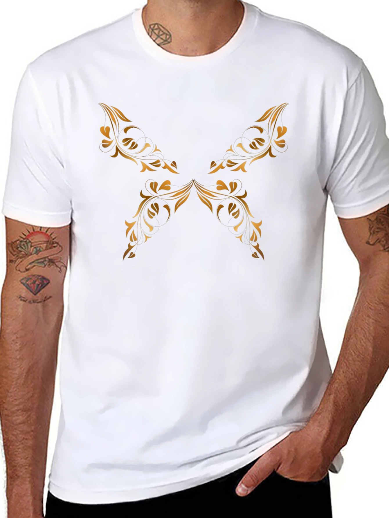 Elegant Black Tee with Golden Floral Design