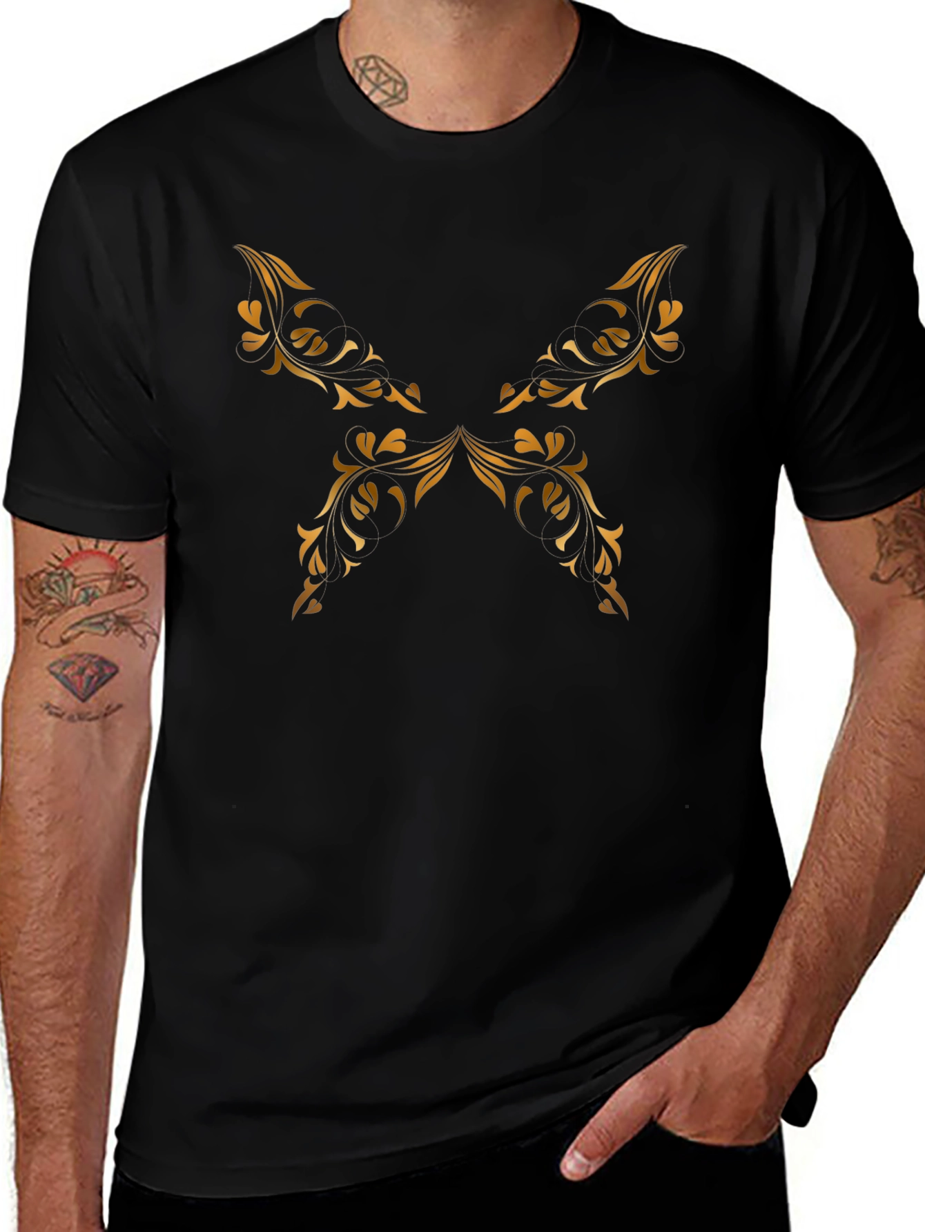 Elegant Black Tee with Golden Floral Design