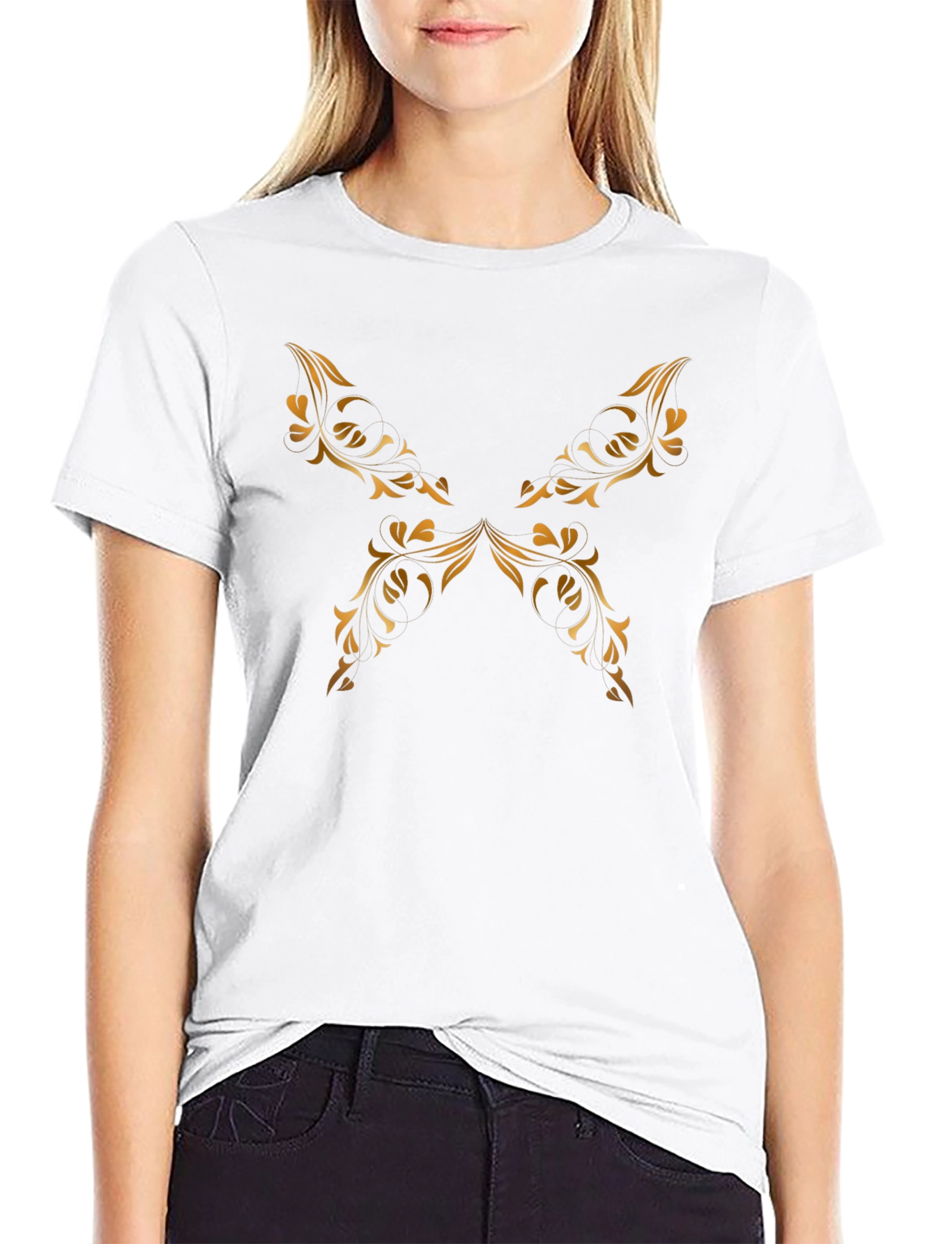 Elegant Black Tee with Golden Floral Design