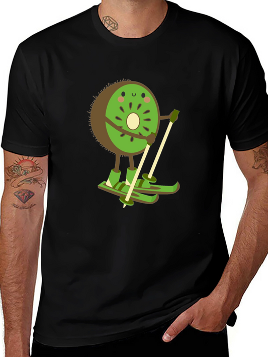 Kiwi Skiing Graphic Tee - Black Cotton T-Shirt