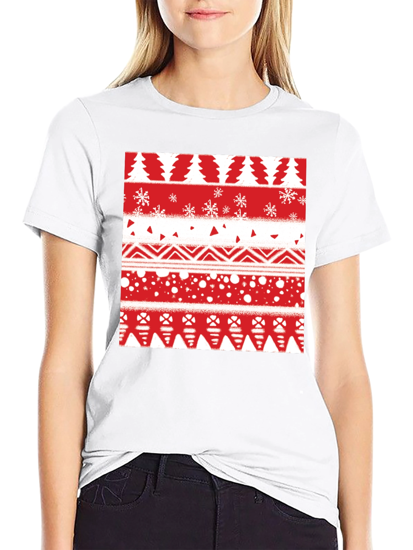 Festive Holiday Pattern Tee - Red & White Print