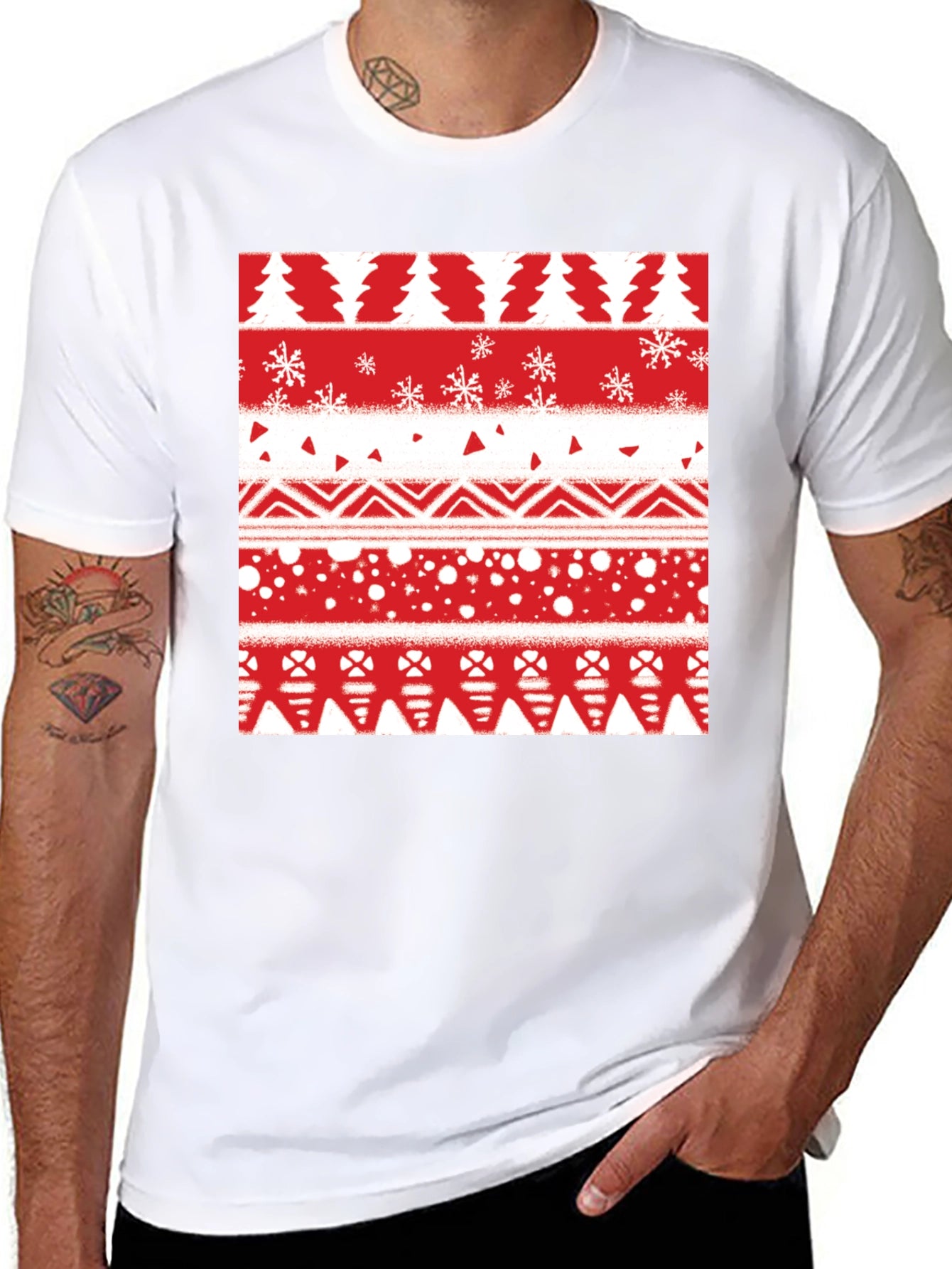 Festive Holiday Pattern Tee - Red & White Print