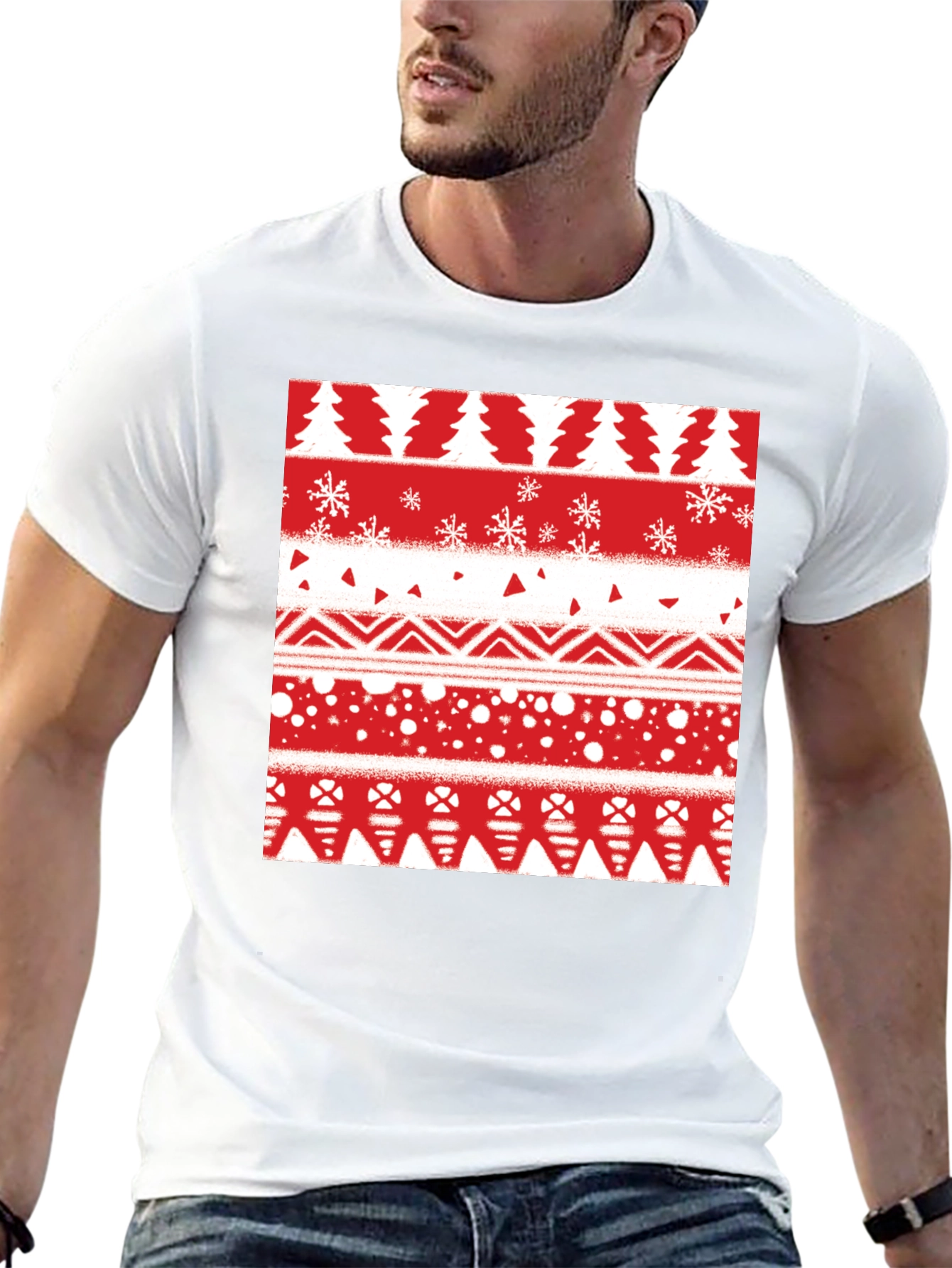 Festive Holiday Pattern Tee - Red & White Print