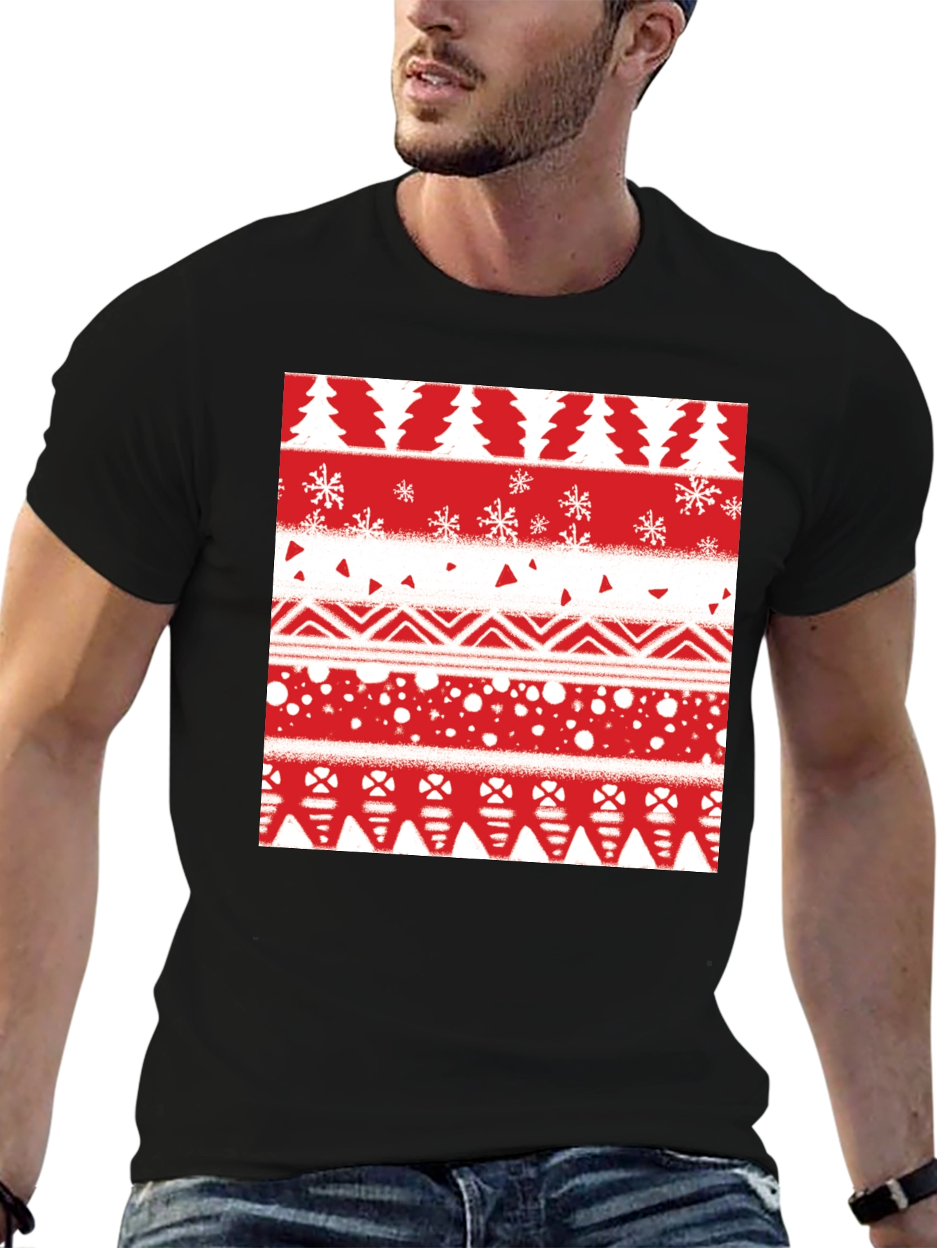 Festive Holiday Pattern Tee - Red & White Print