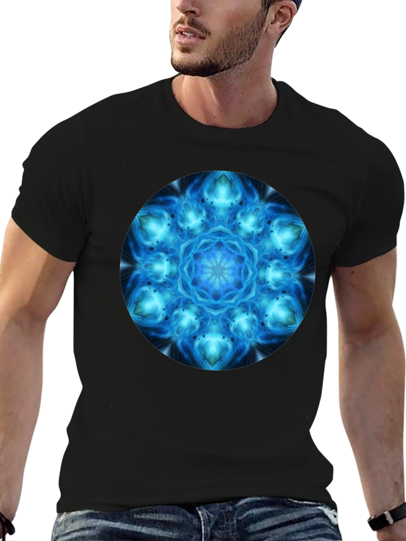 Cosmic Blue Mandala Graphic T-Shirt - Mens Black Tee