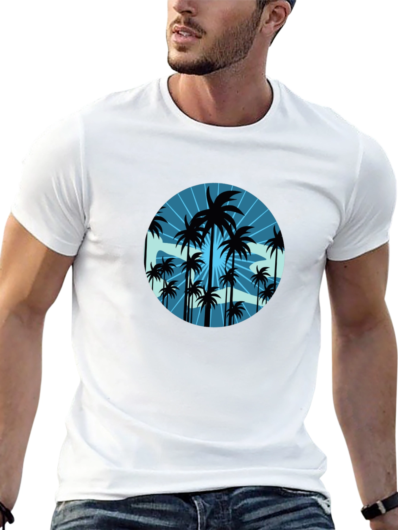 Tropical Palm Tree Graphic Tee - Black Cotton T-Shirt