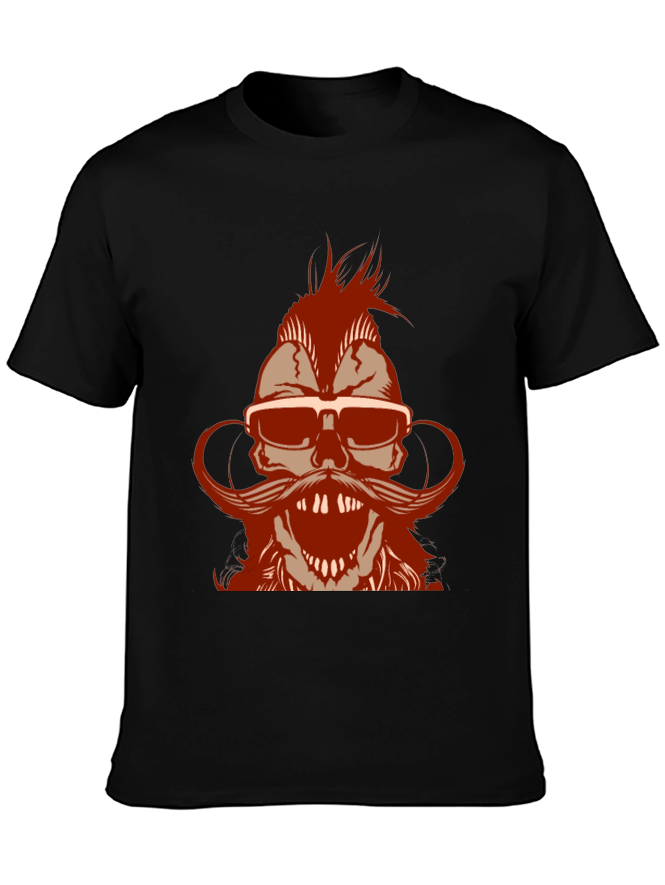 Skull with Mohawk & Mustache Graphic T-Shirt - Black