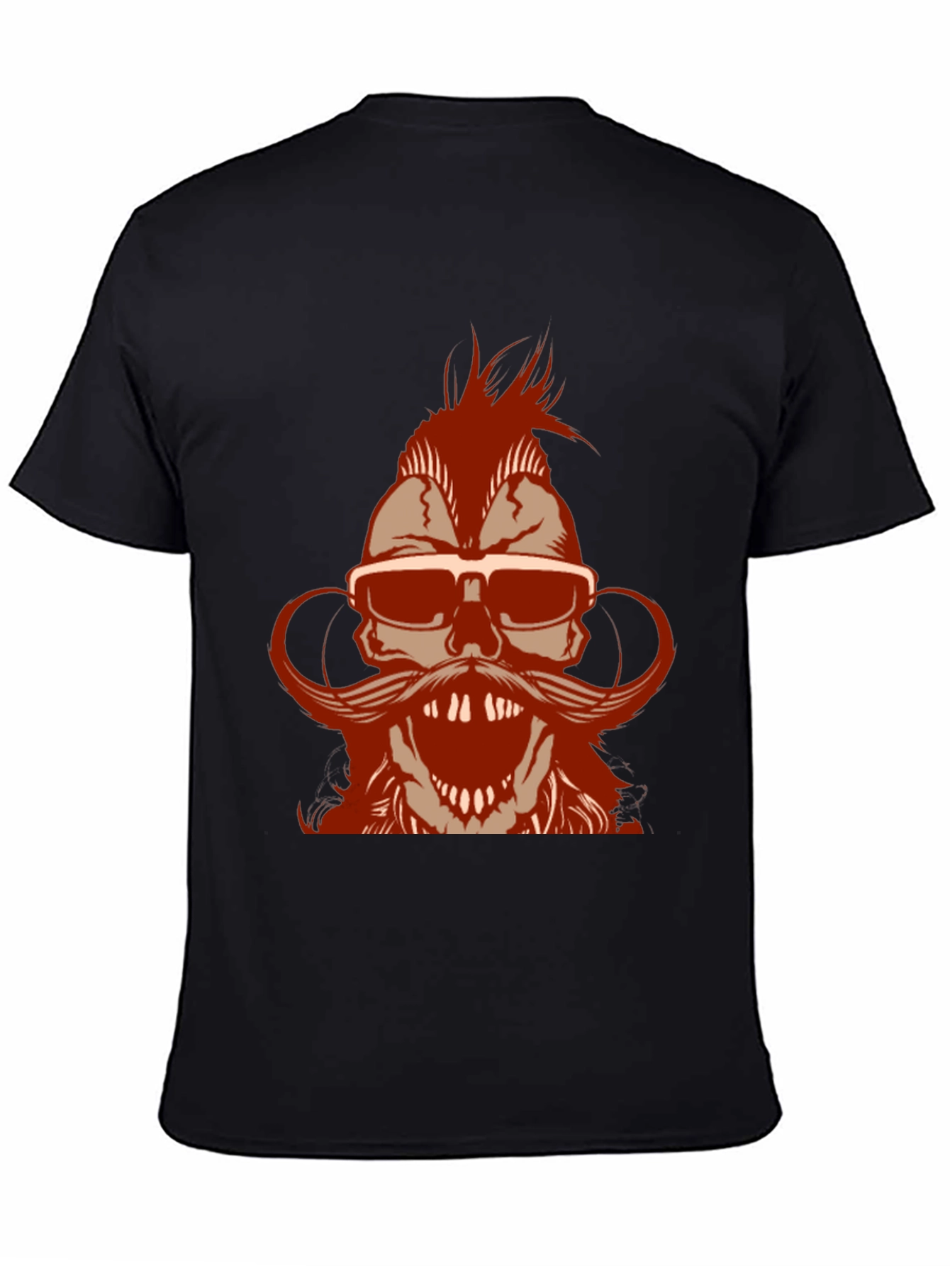 Skull with Mohawk & Mustache Graphic T-Shirt - Black