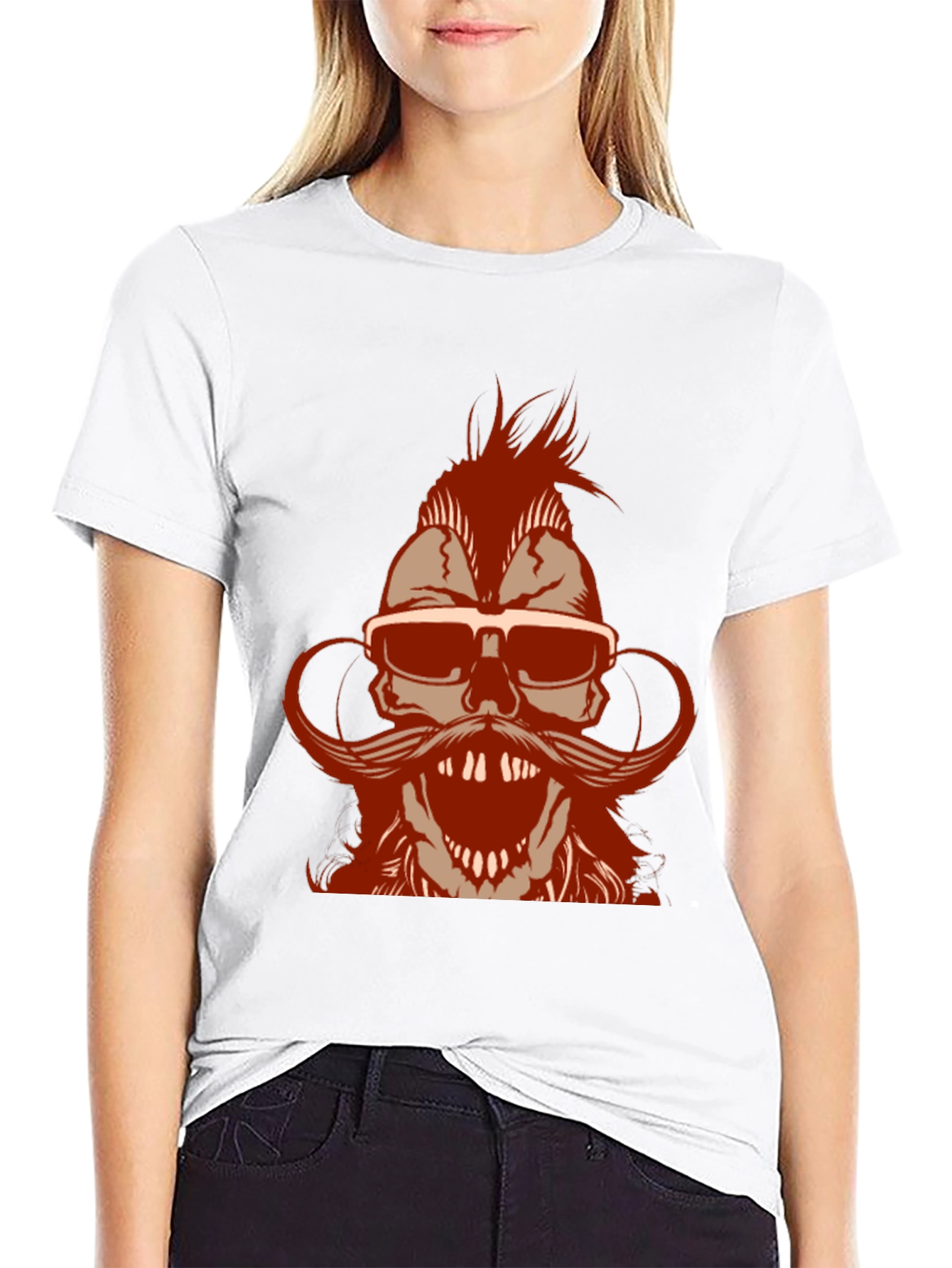 Skull with Mohawk & Mustache Graphic T-Shirt - Black