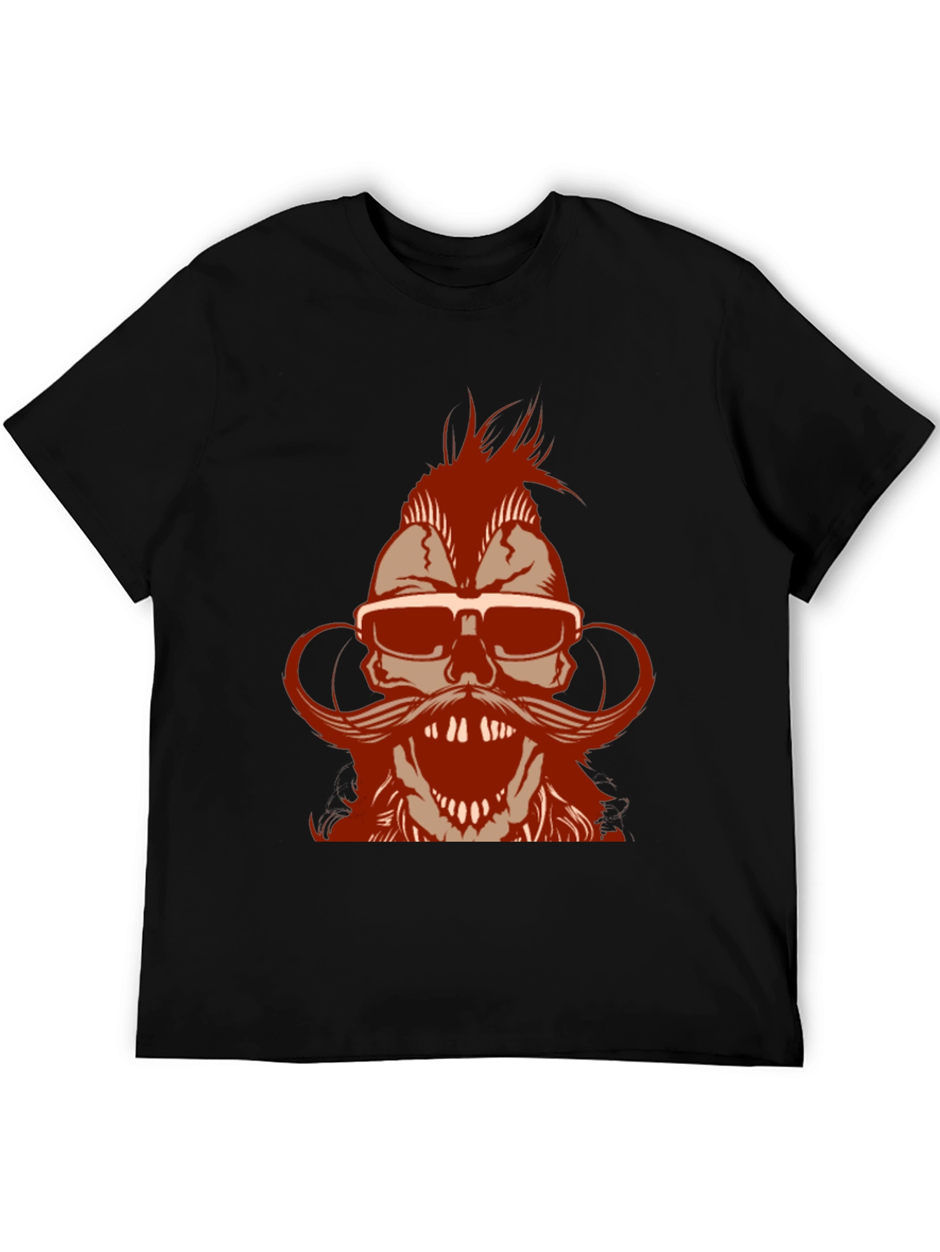 Skull with Mohawk & Mustache Graphic T-Shirt - Black
