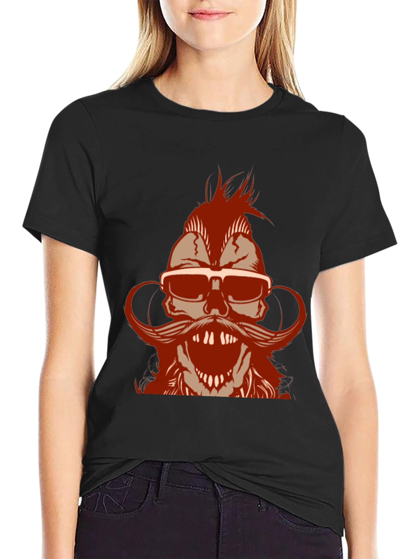 Skull with Mohawk & Mustache Graphic T-Shirt - Black