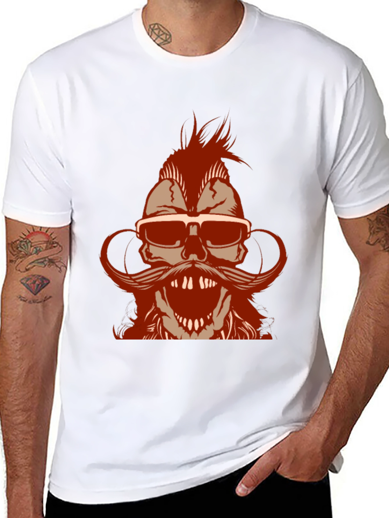 Skull with Mohawk & Mustache Graphic T-Shirt - Black