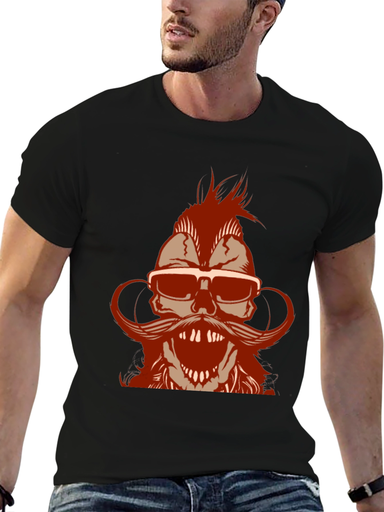 Skull with Mohawk & Mustache Graphic T-Shirt - Black