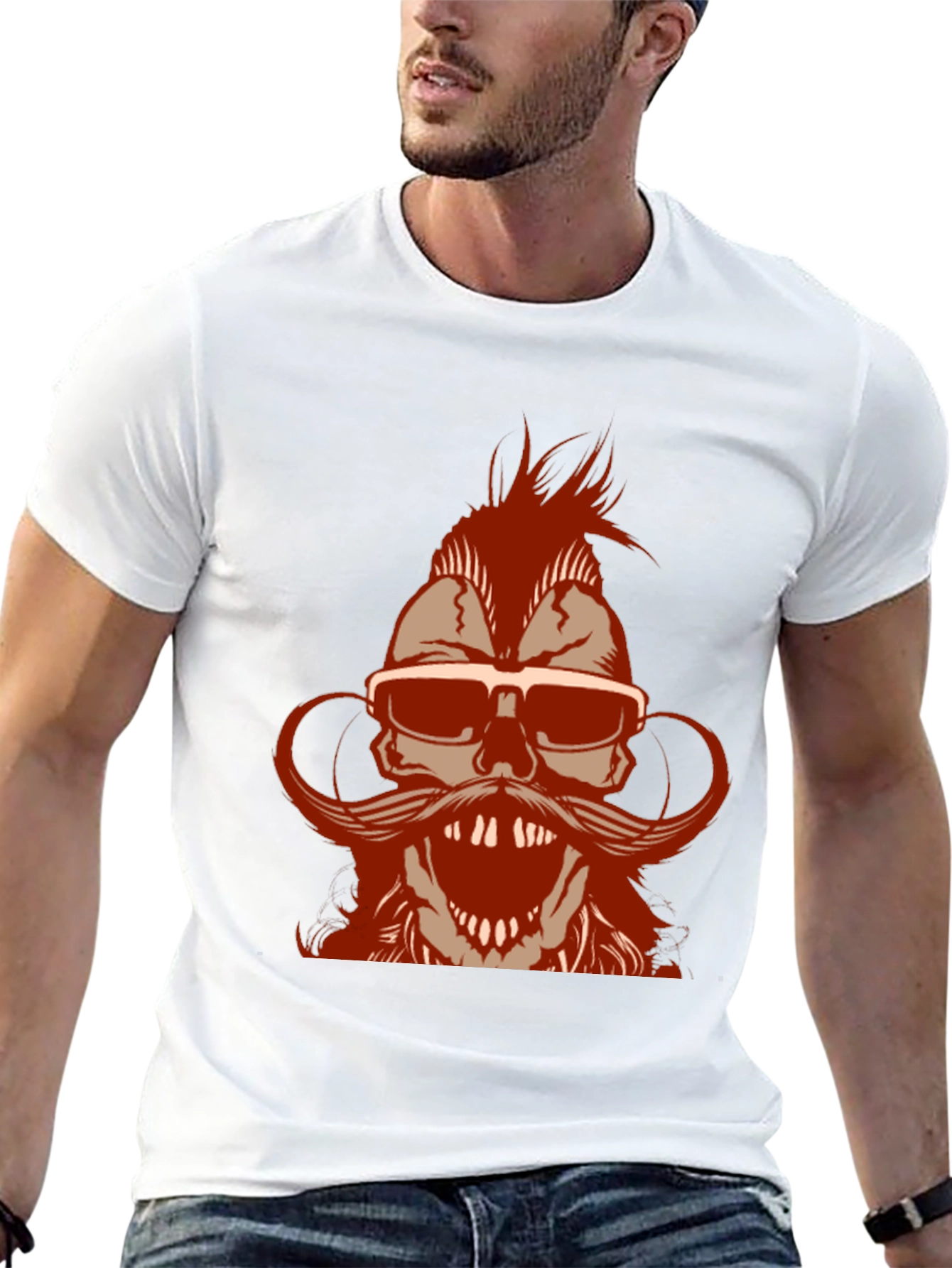 Skull with Mohawk & Mustache Graphic T-Shirt - Black