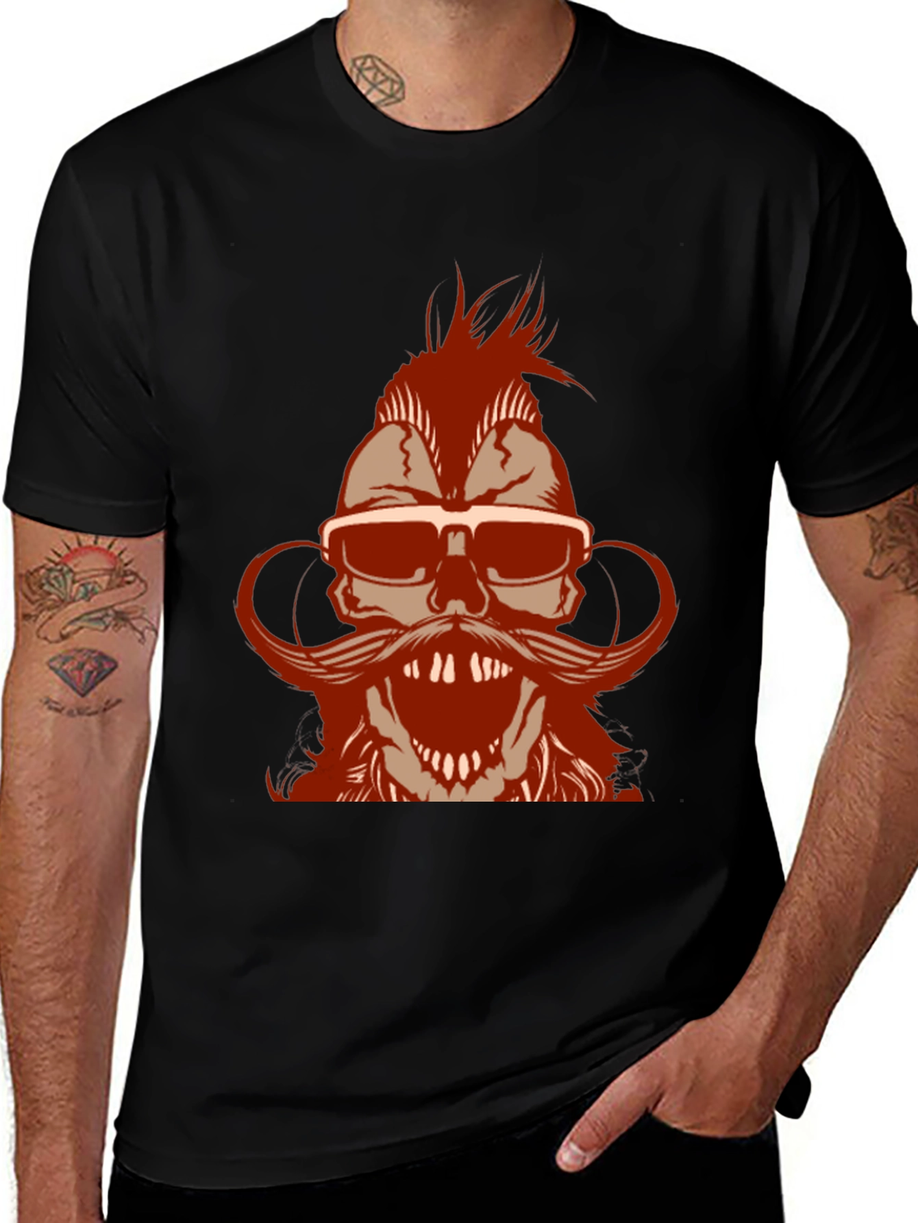 Skull with Mohawk & Mustache Graphic T-Shirt - Black