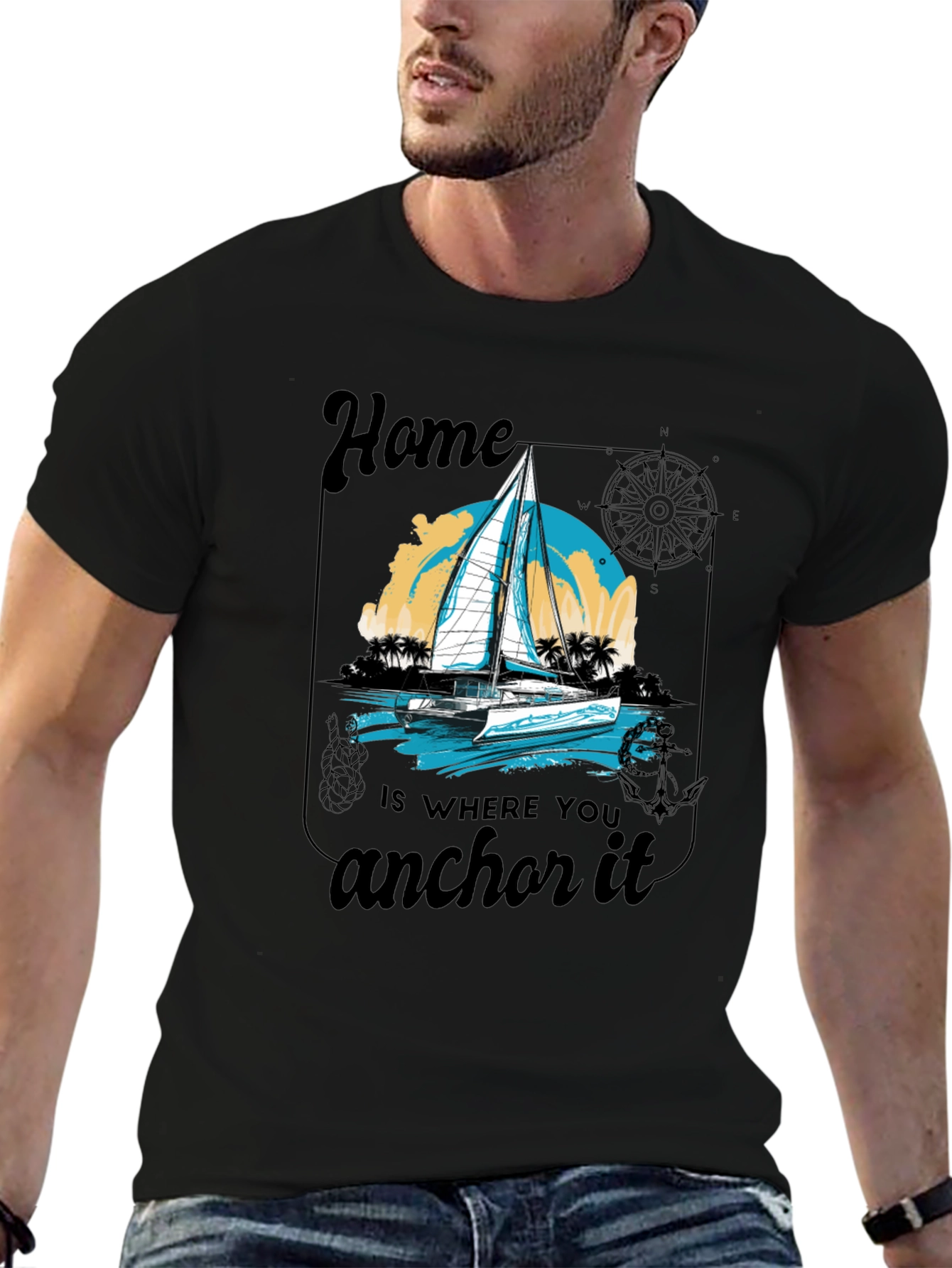 Nautical Home Anchor T-Shirt - Black