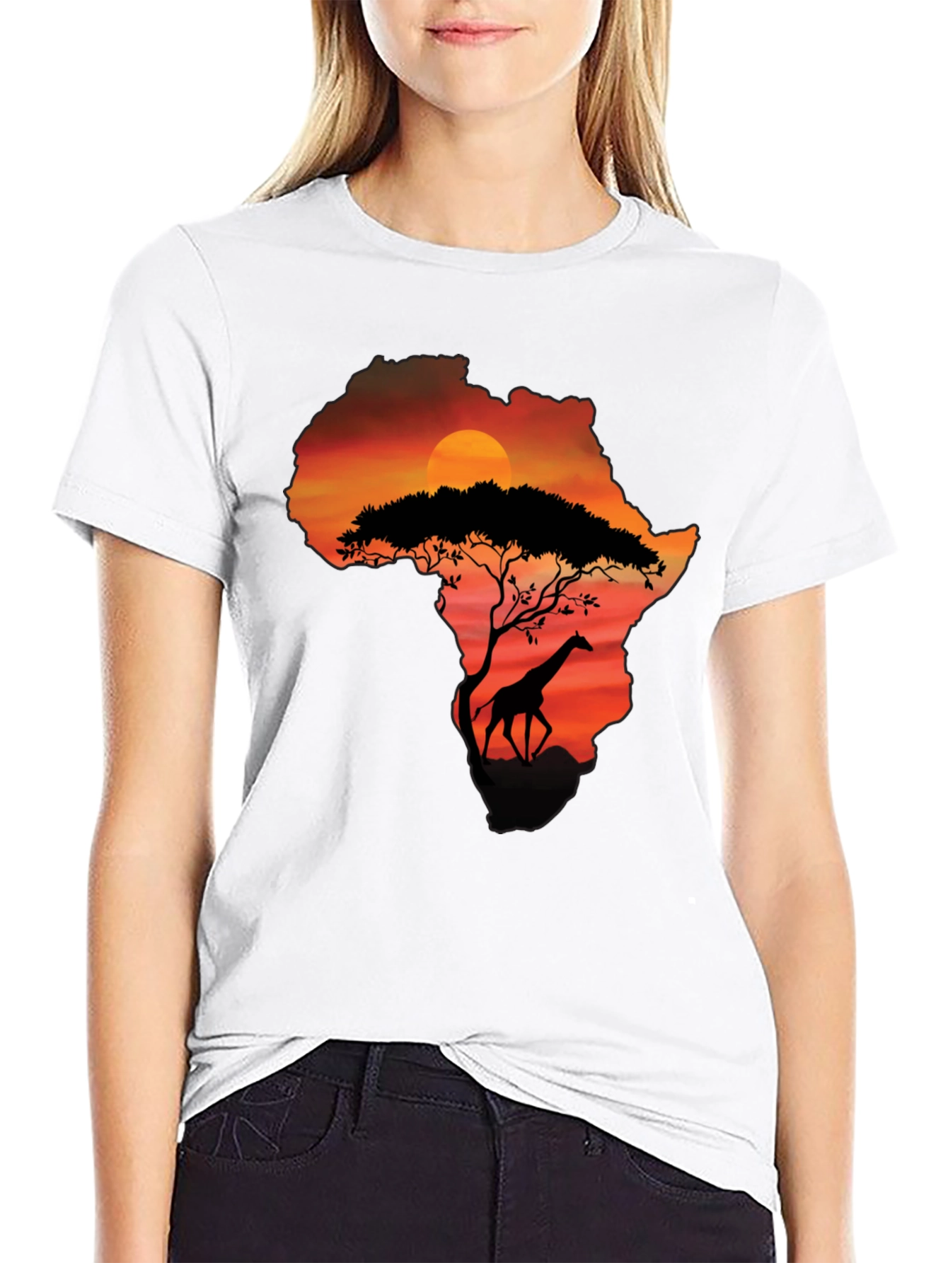 African Sunset Giraffe Graphic Tee - Black
