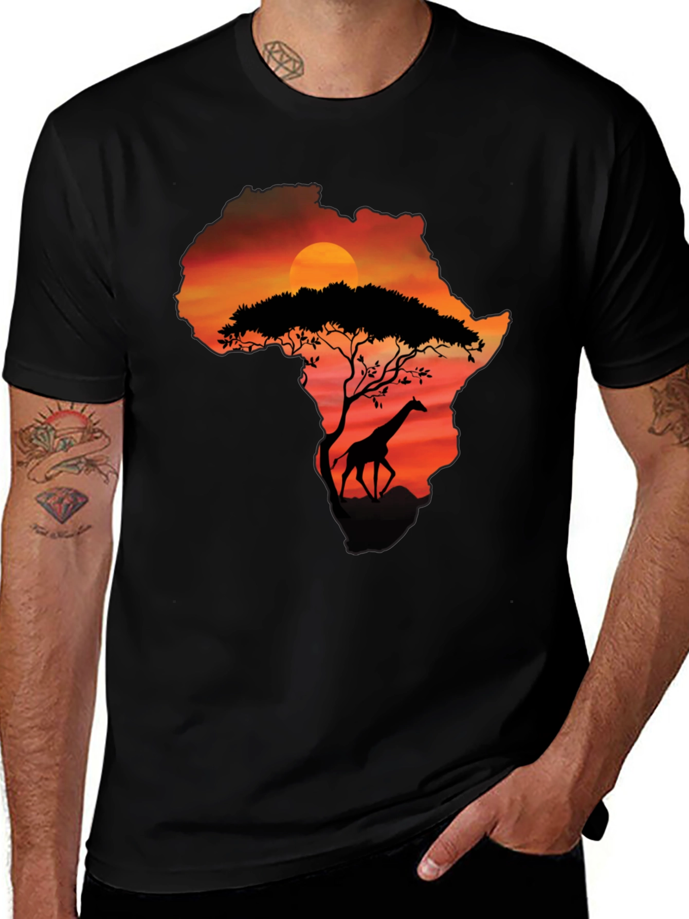 African Sunset Giraffe Graphic Tee - Black