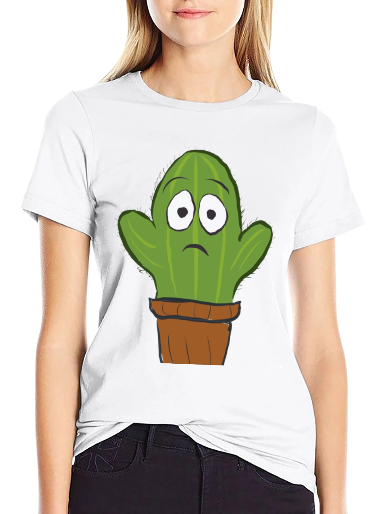 Sad Cactus Potted Plant Graphic T-Shirt - Black