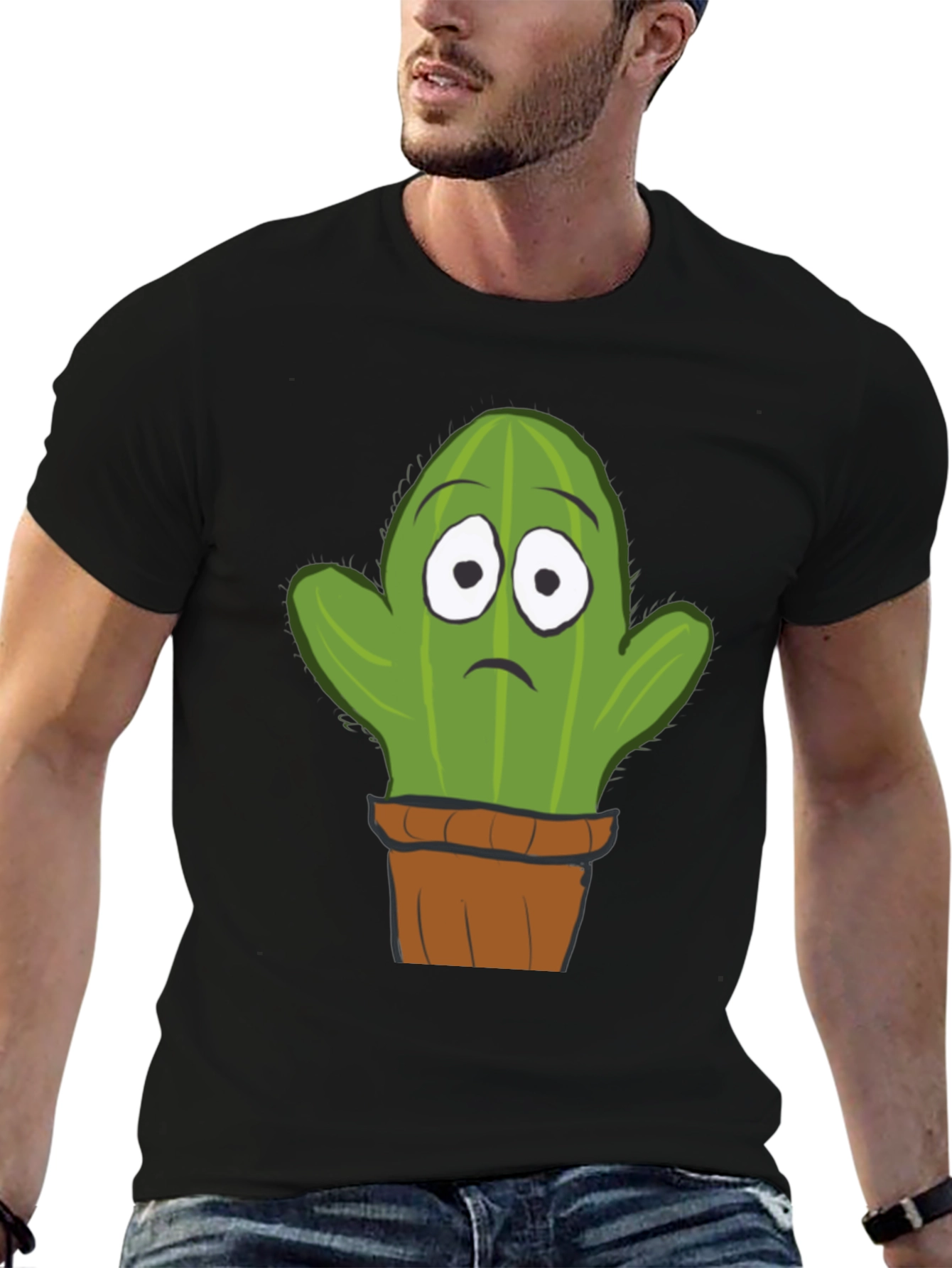Sad Cactus Potted Plant Graphic T-Shirt - Black