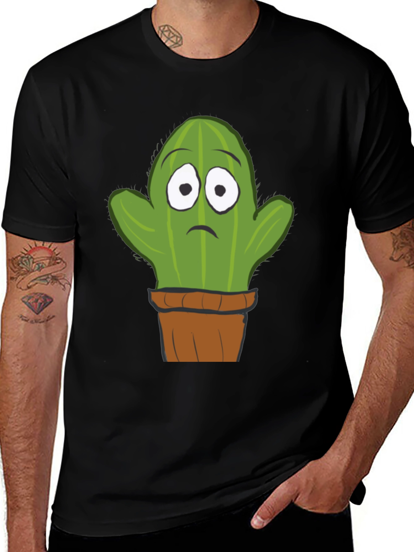 Sad Cactus Potted Plant Graphic T-Shirt - Black