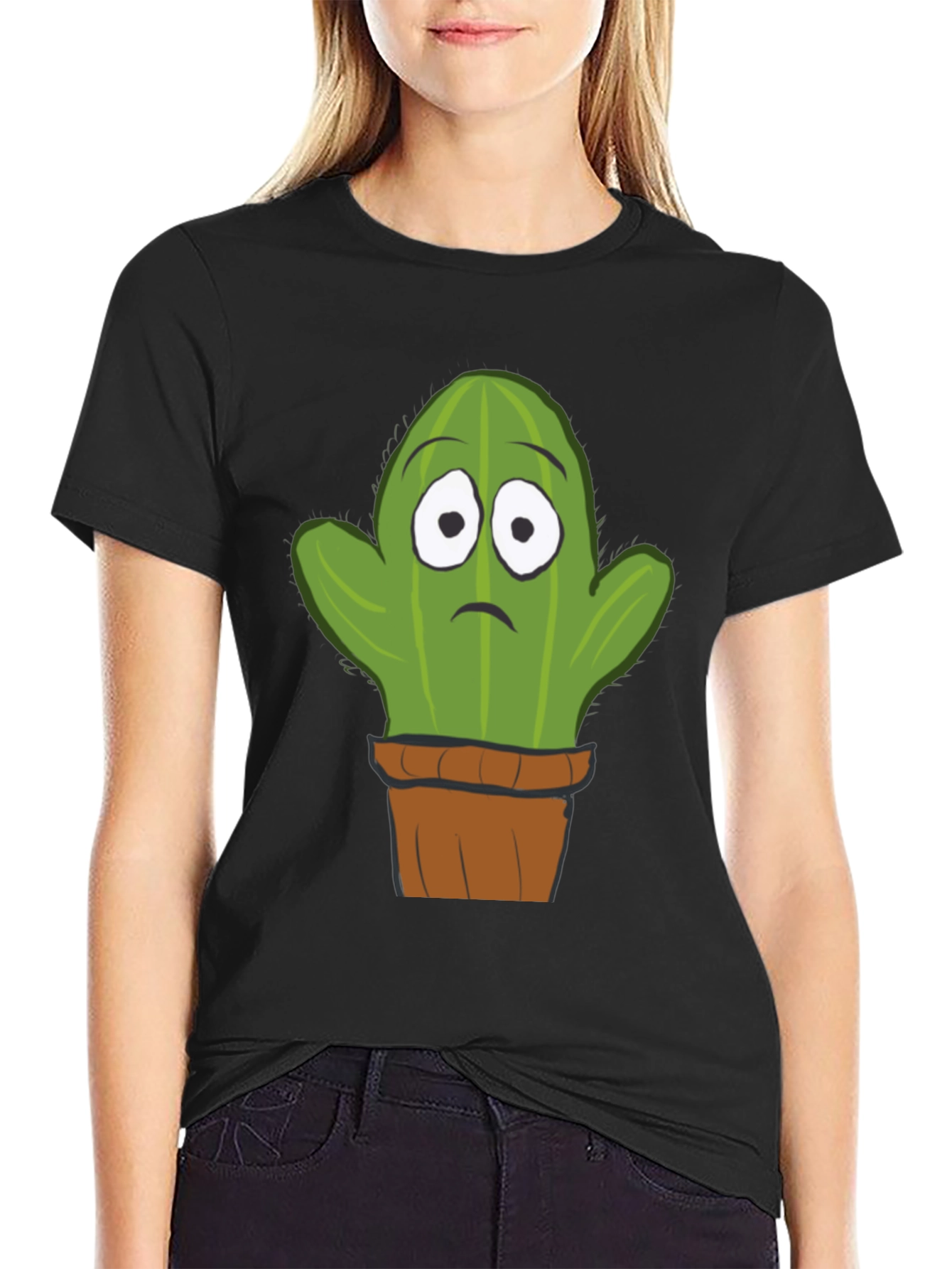 Sad Cactus Potted Plant Graphic T-Shirt - Black