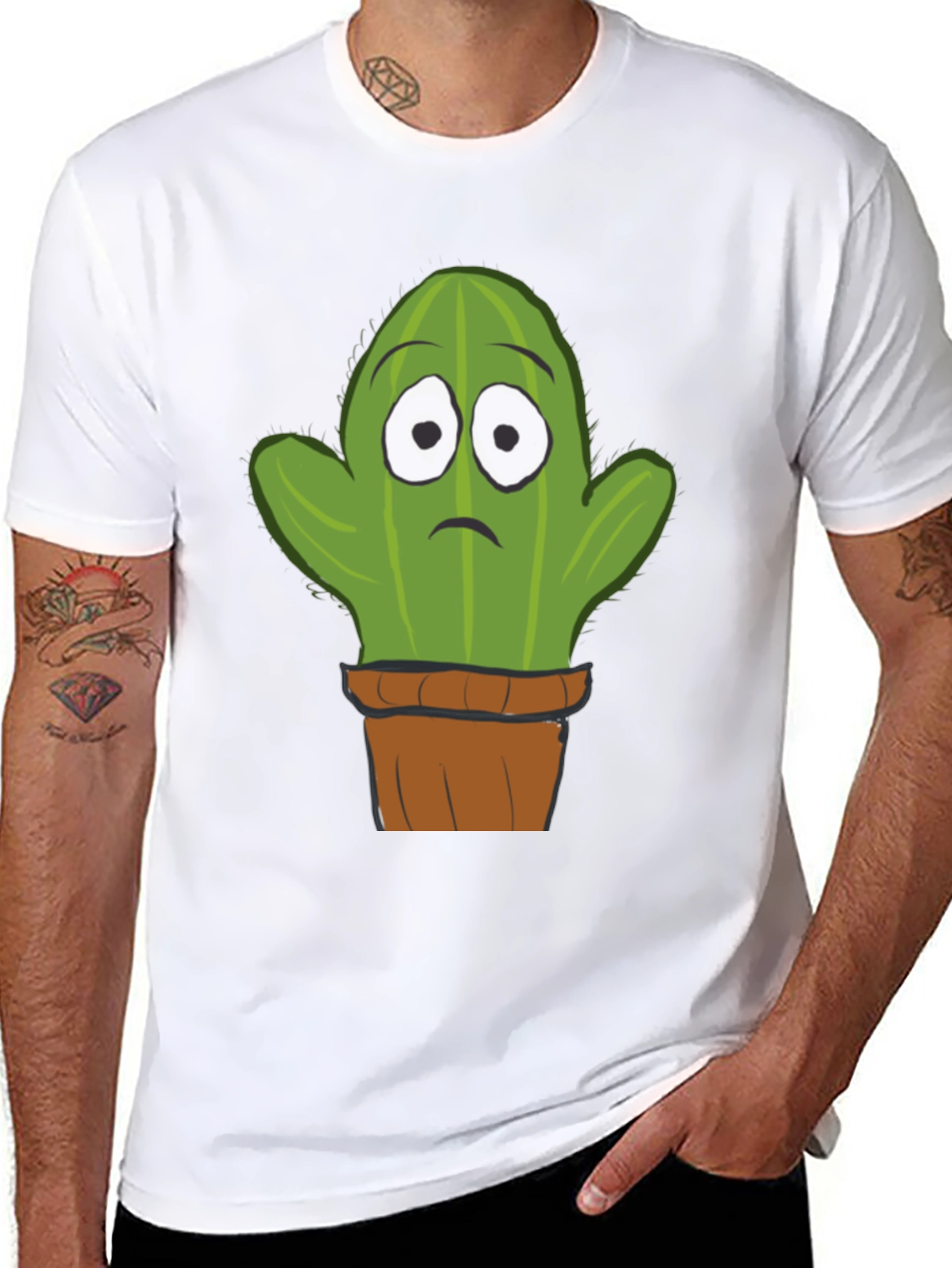 Sad Cactus Potted Plant Graphic T-Shirt - Black