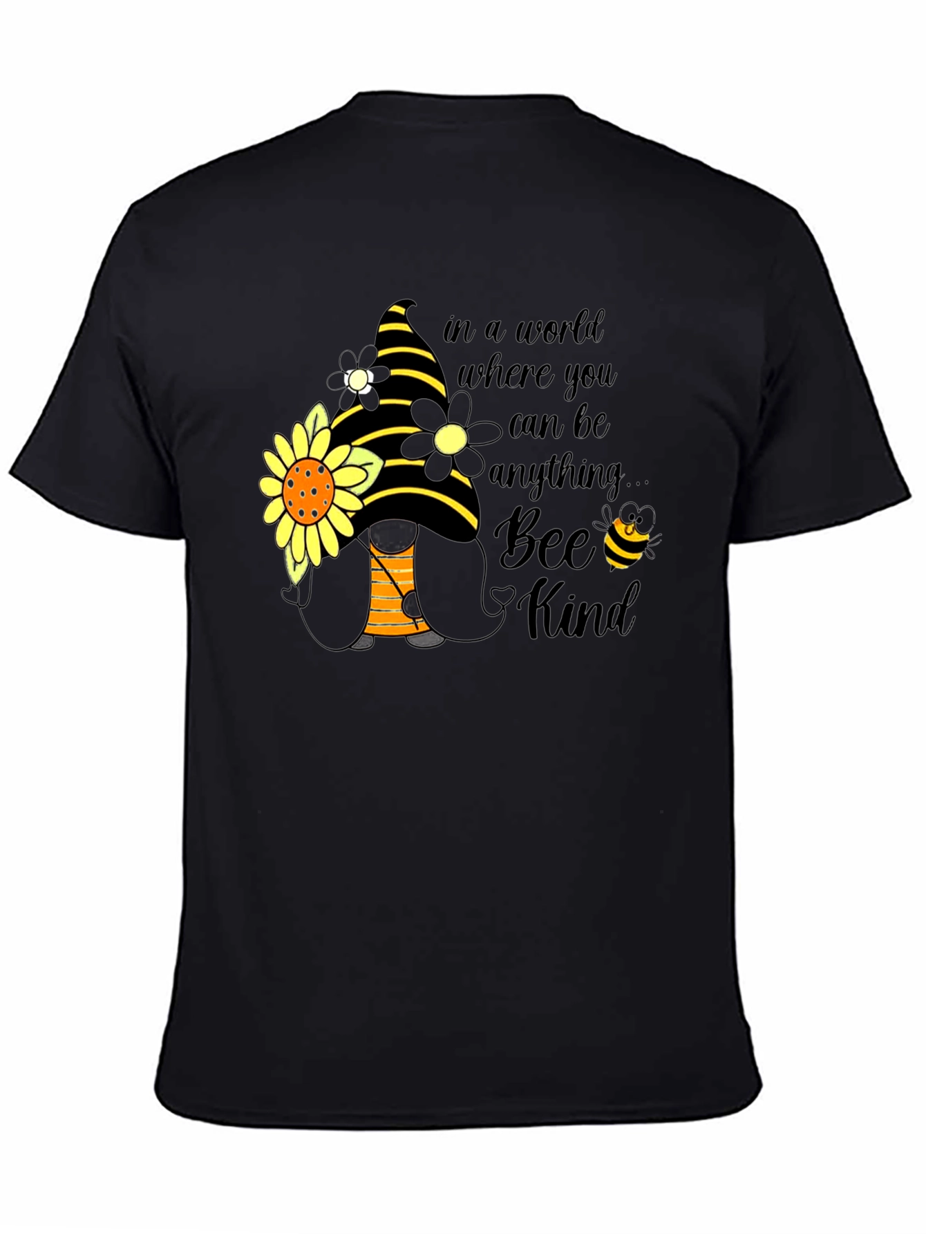 Bee Kind Gnome T-Shirt: Sunflower & Striped Hat