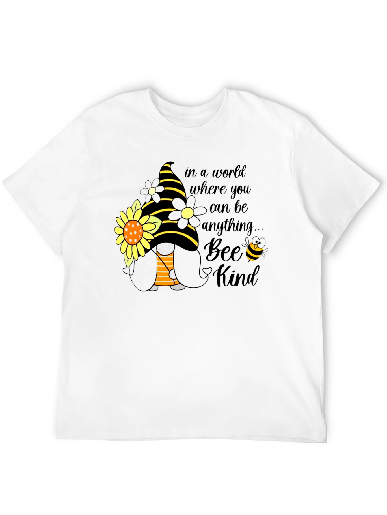 Bee Kind Gnome T-Shirt: Sunflower & Striped Hat