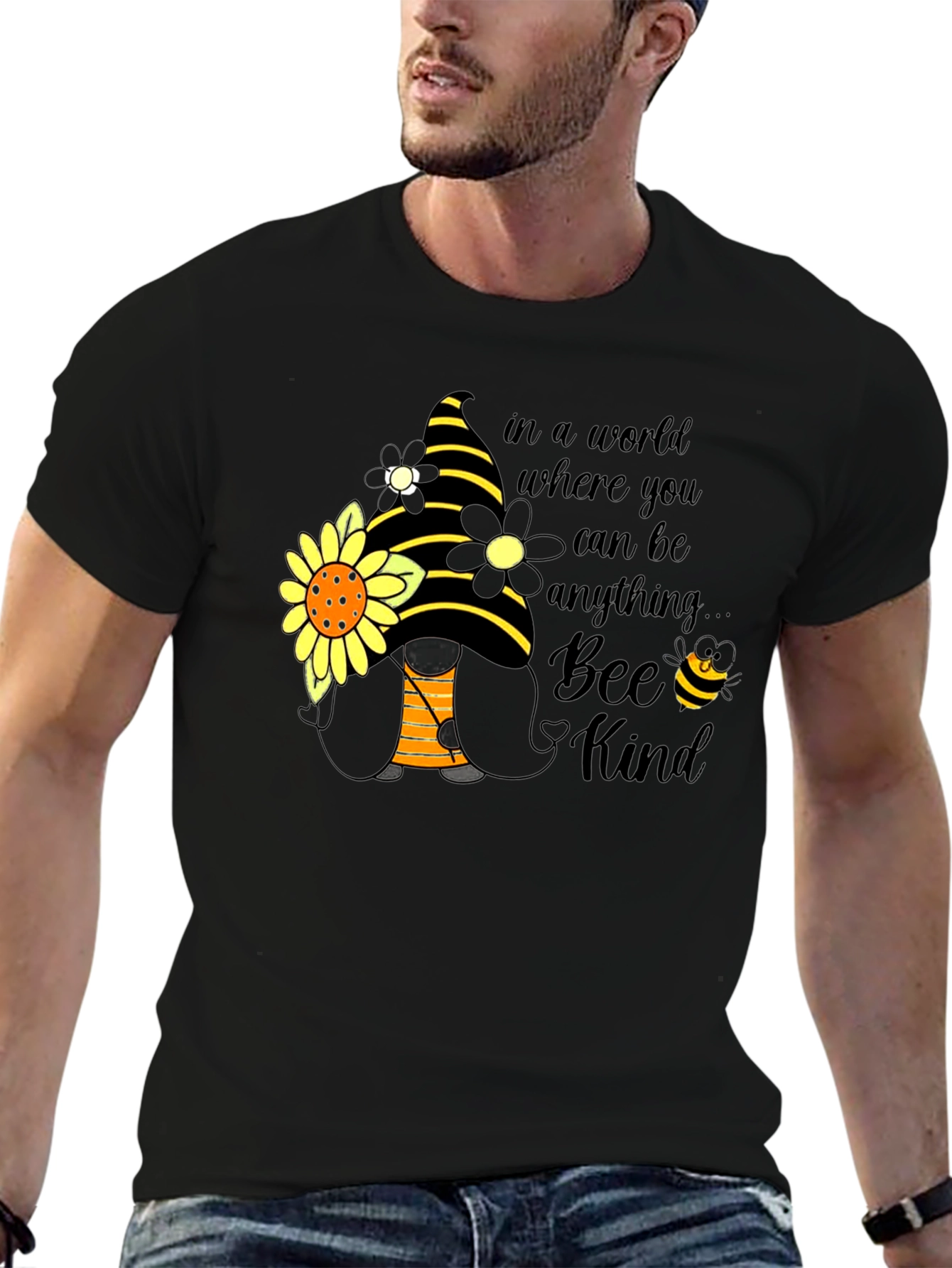 Bee Kind Gnome T-Shirt: Sunflower & Striped Hat