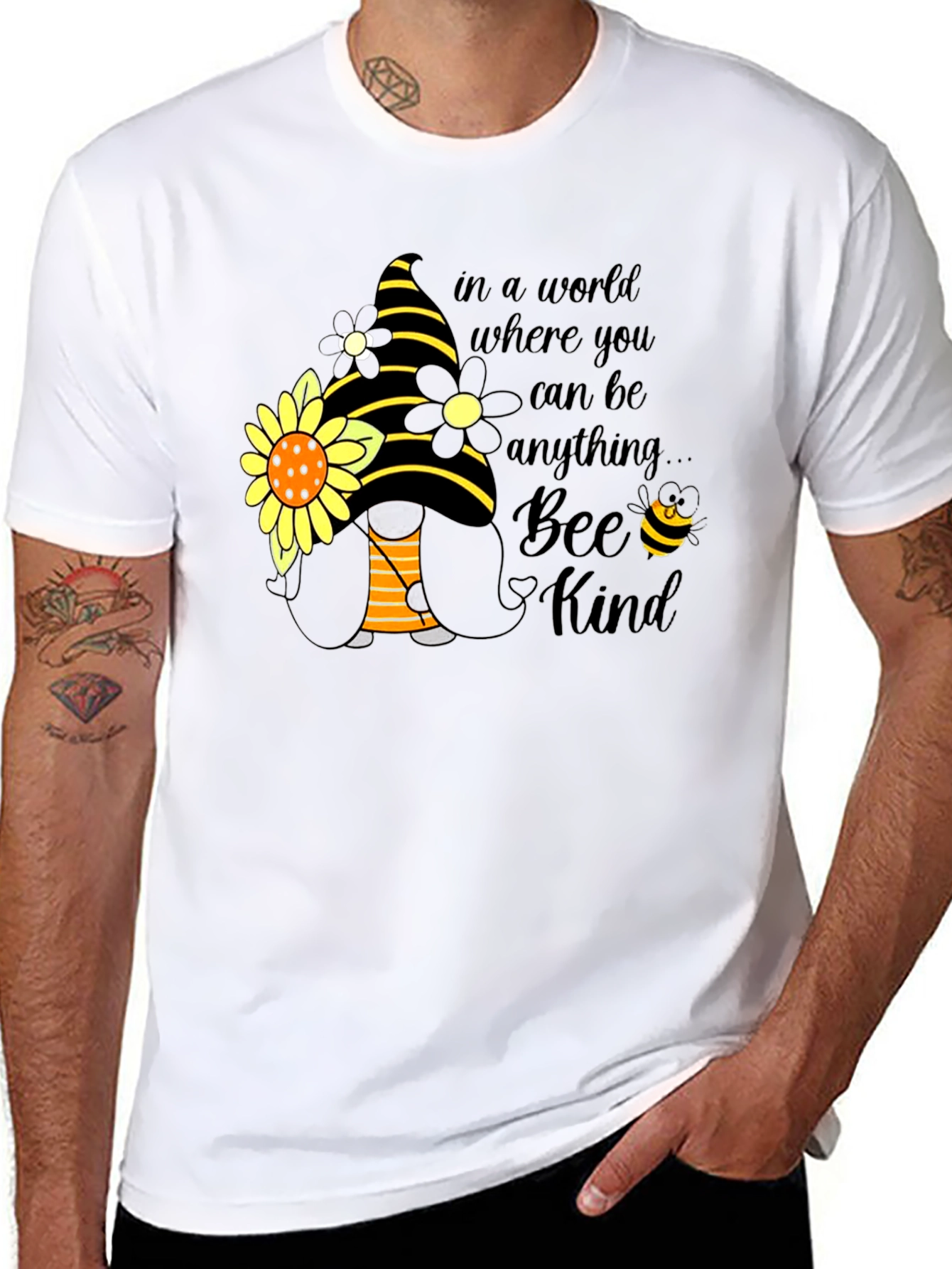 Bee Kind Gnome T-Shirt: Sunflower & Striped Hat