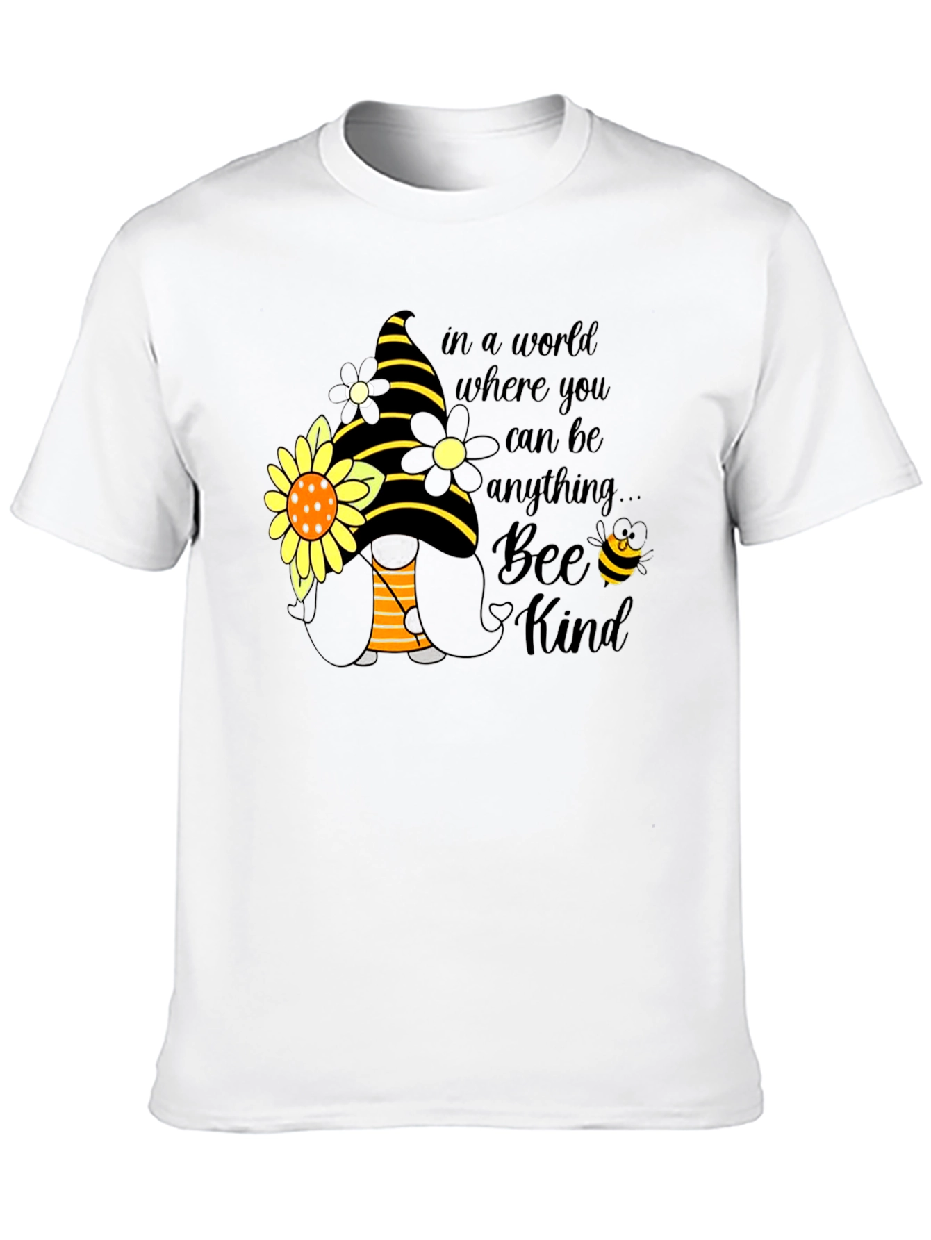Bee Kind Gnome T-Shirt: Sunflower & Striped Hat