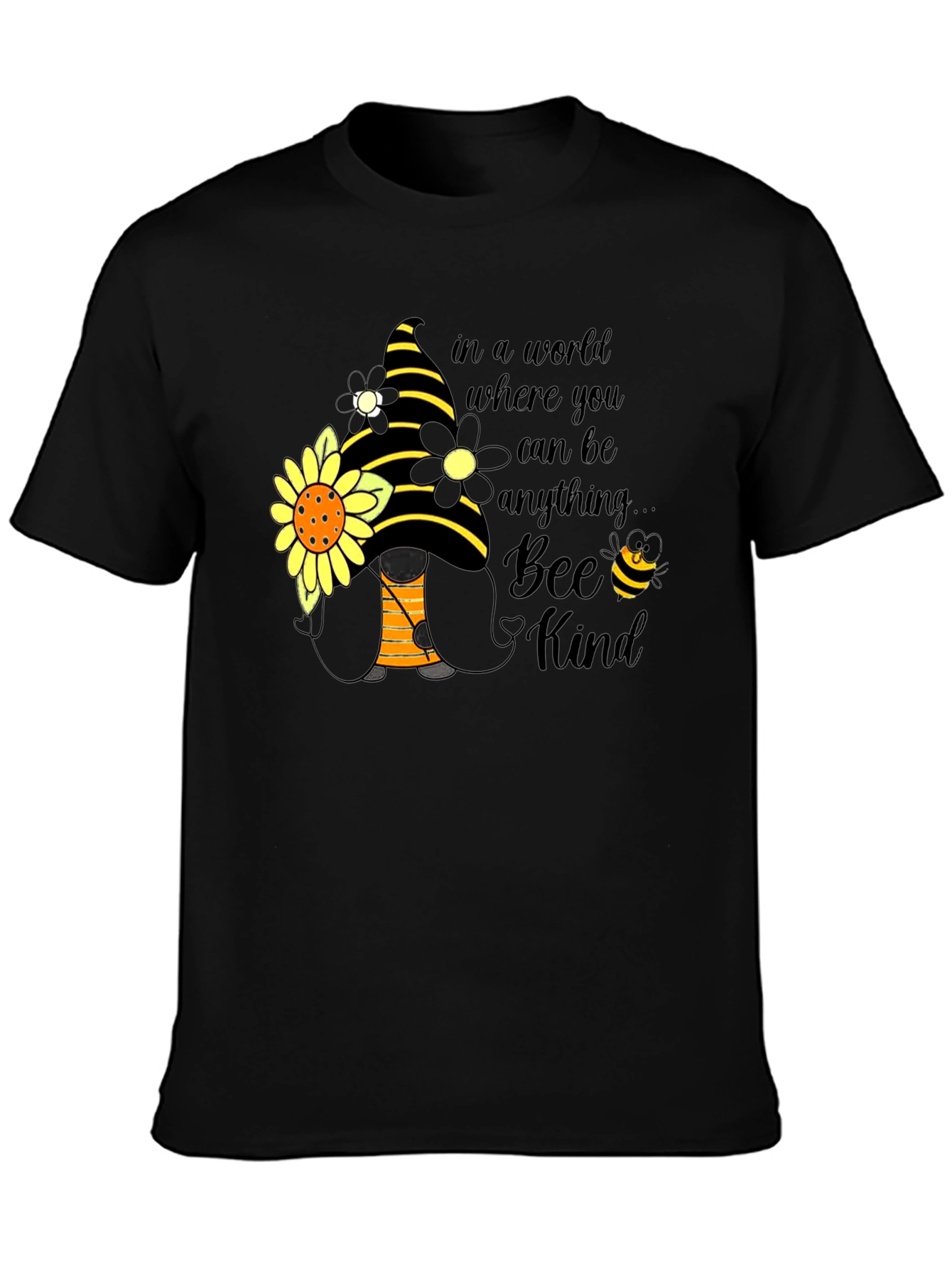 Bee Kind Gnome T-Shirt: Sunflower & Striped Hat