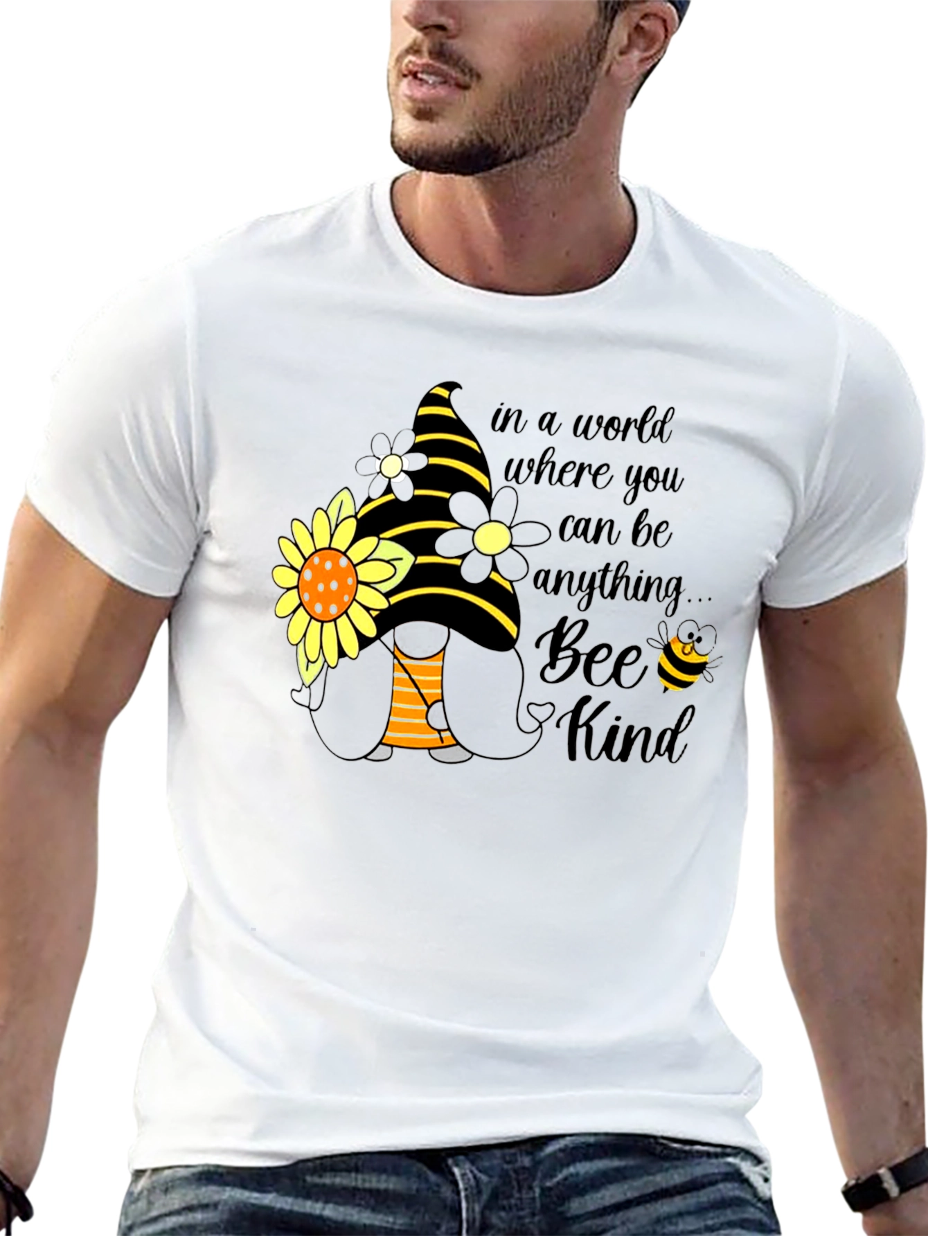 Bee Kind Gnome T-Shirt: Sunflower & Striped Hat