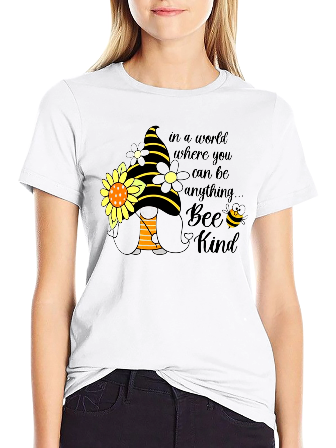 Bee Kind Gnome T-Shirt: Sunflower & Striped Hat