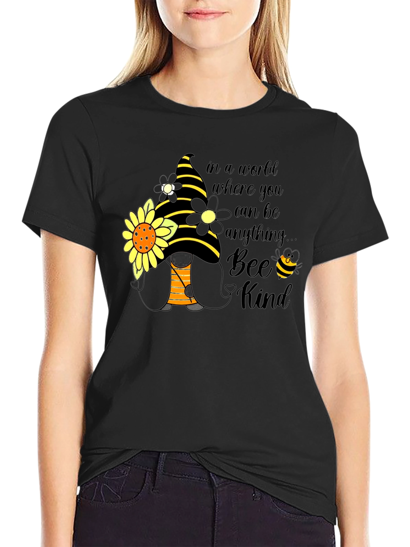 Bee Kind Gnome T-Shirt: Sunflower & Striped Hat