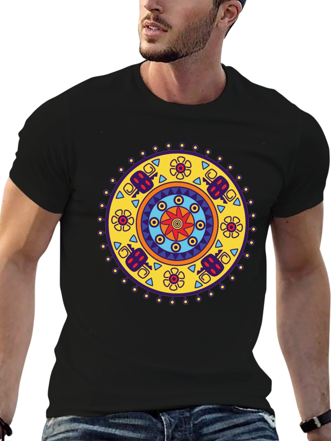 Ethnic Mandala Print Black T-Shirt - Casual Style