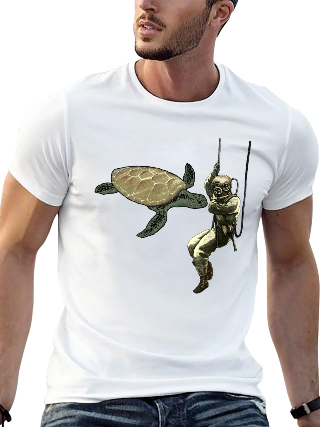 Retro Diver & Turtle Graphic Tee - Black Cotton