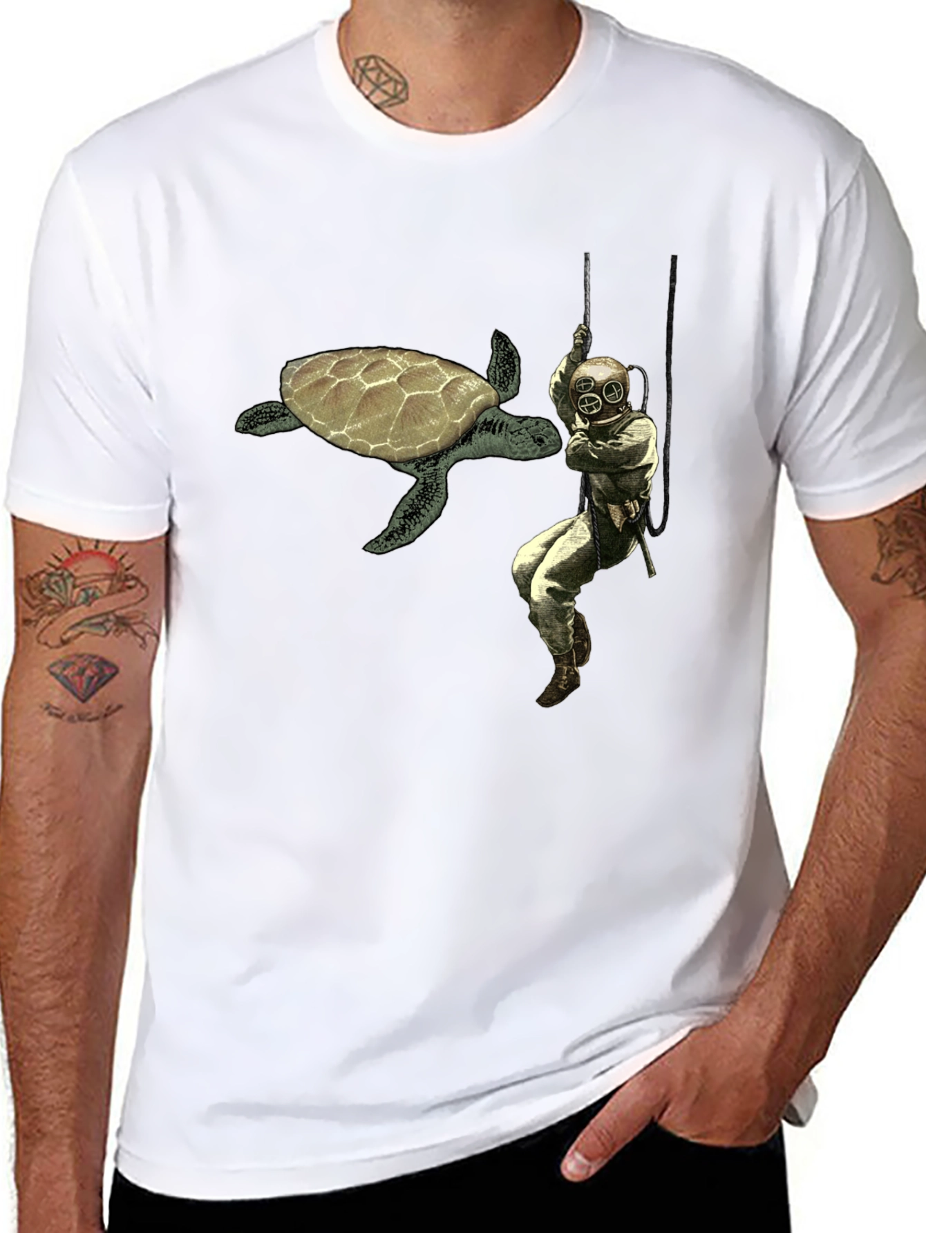 Retro Diver & Turtle Graphic Tee - Black Cotton