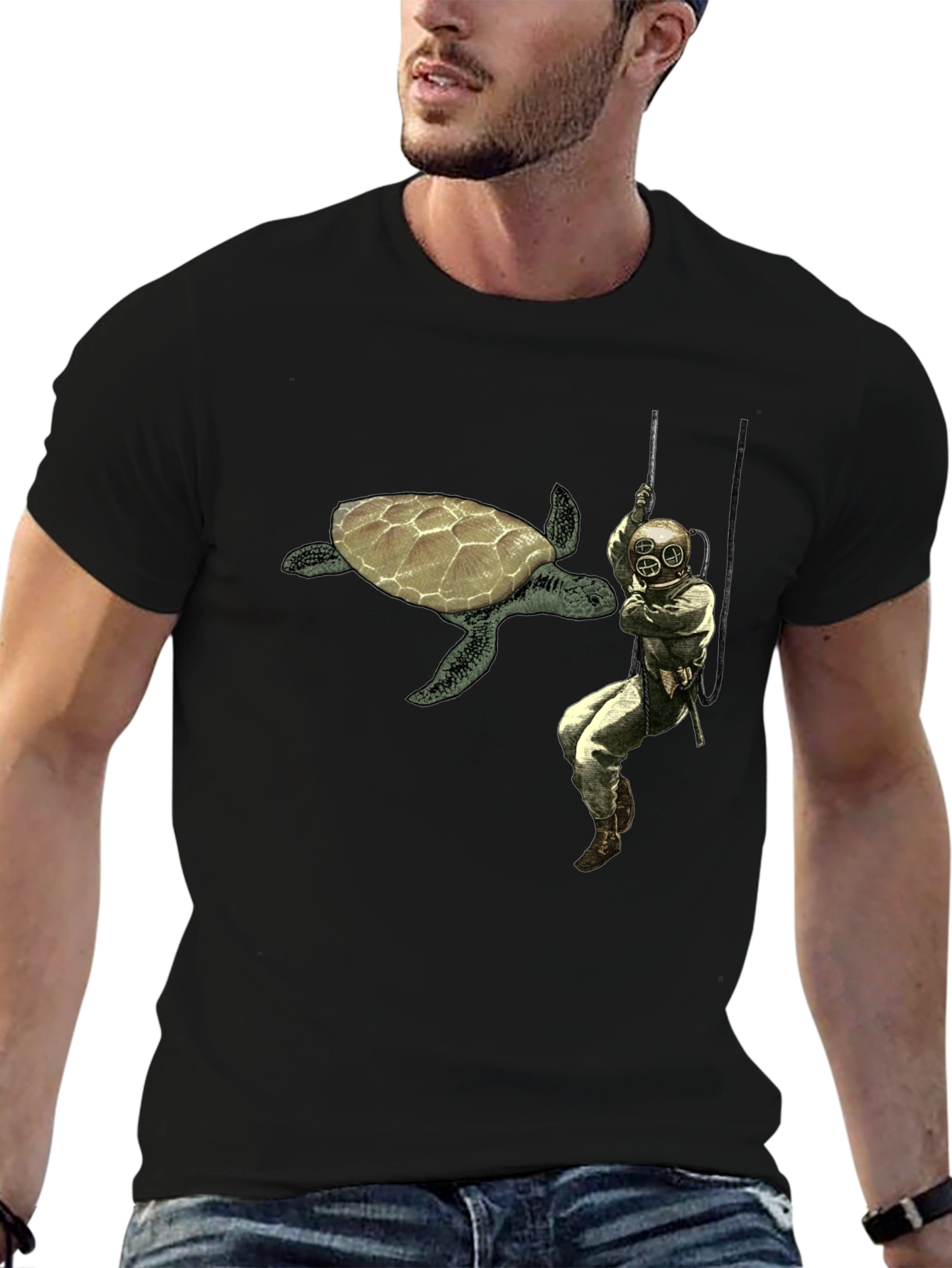 Retro Diver & Turtle Graphic Tee - Black Cotton