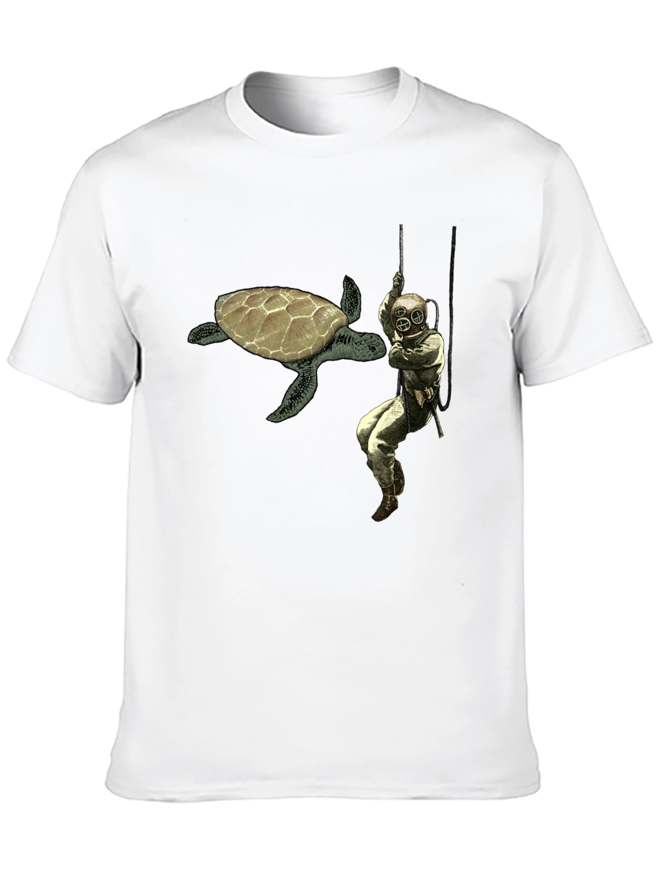 Retro Diver & Turtle Graphic Tee - Black Cotton