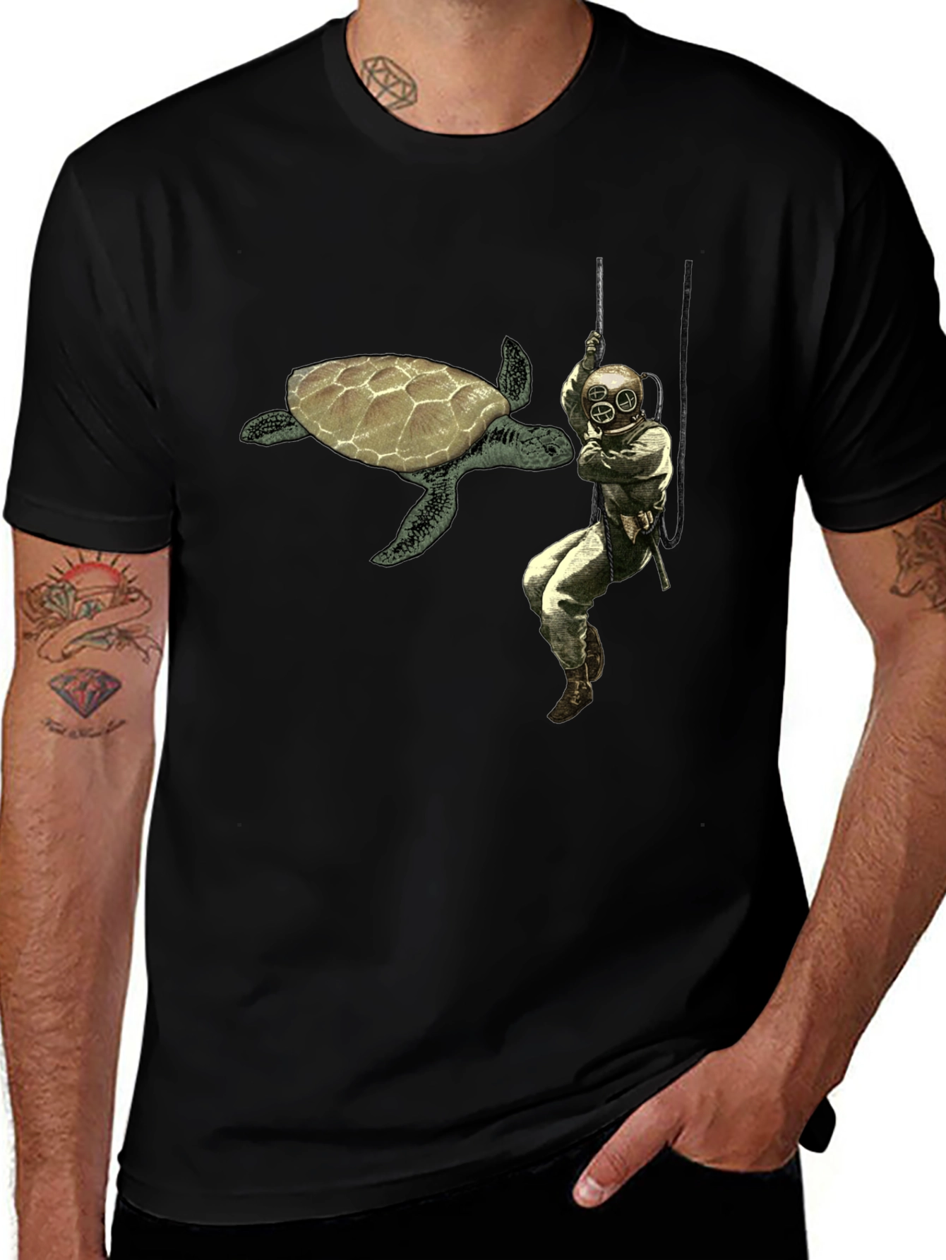 Retro Diver & Turtle Graphic Tee - Black Cotton