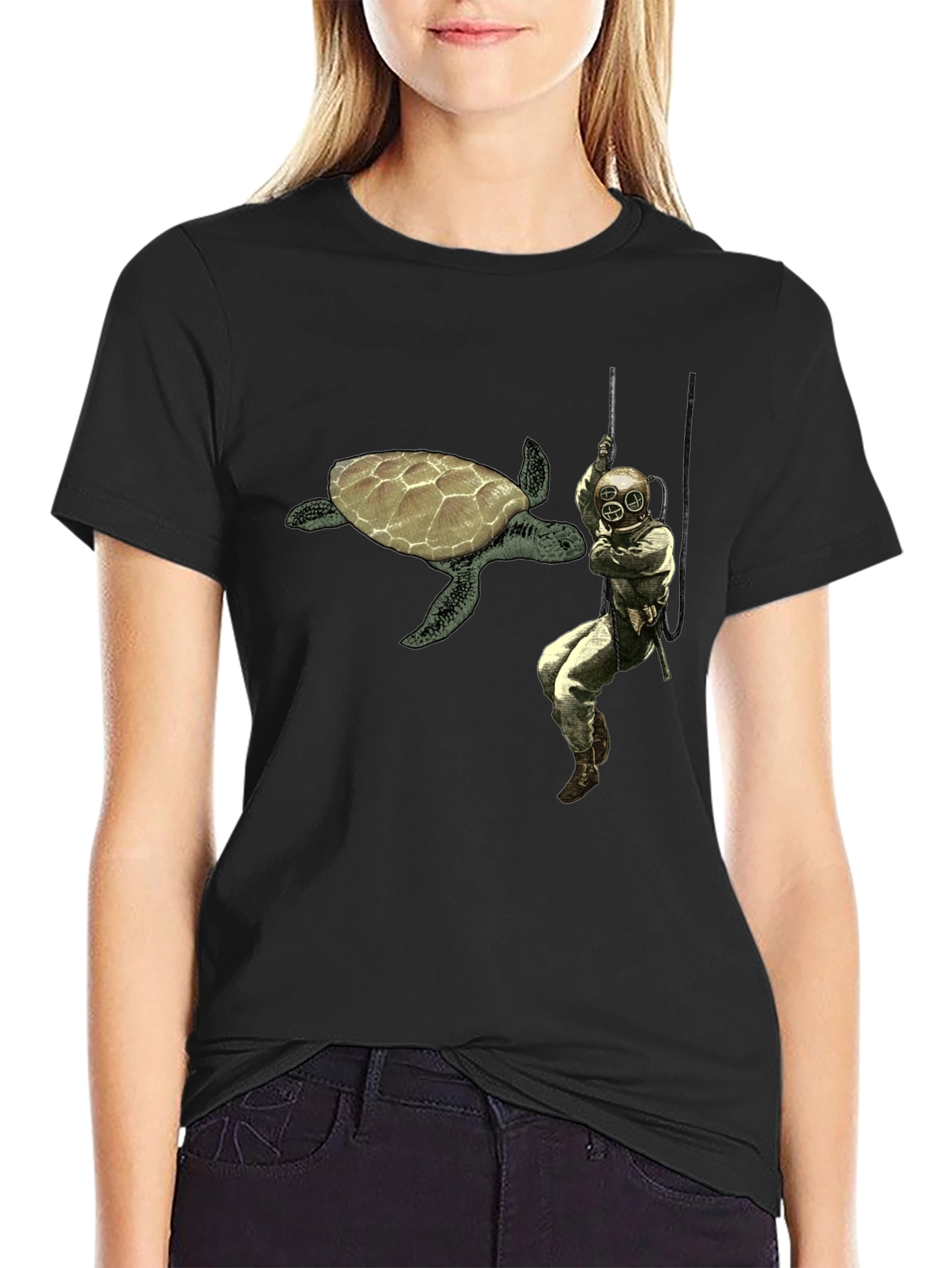 Retro Diver & Turtle Graphic Tee - Black Cotton