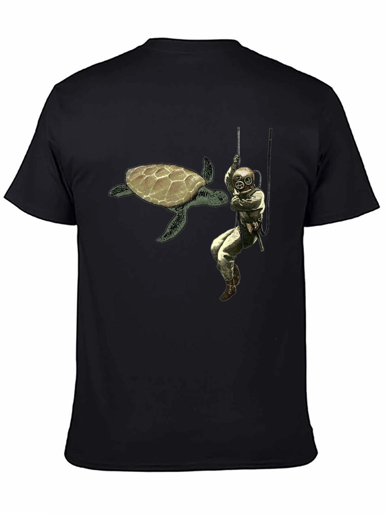 Retro Diver & Turtle Graphic Tee - Black Cotton