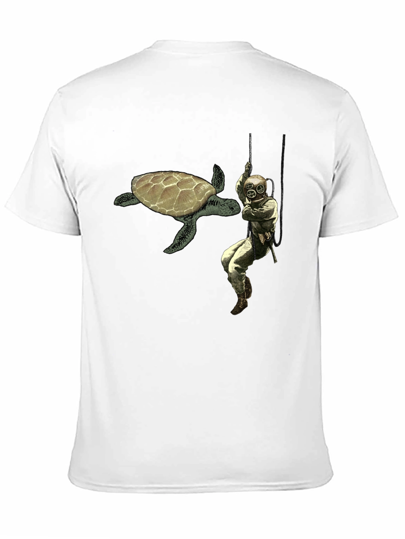Retro Diver & Turtle Graphic Tee - Black Cotton