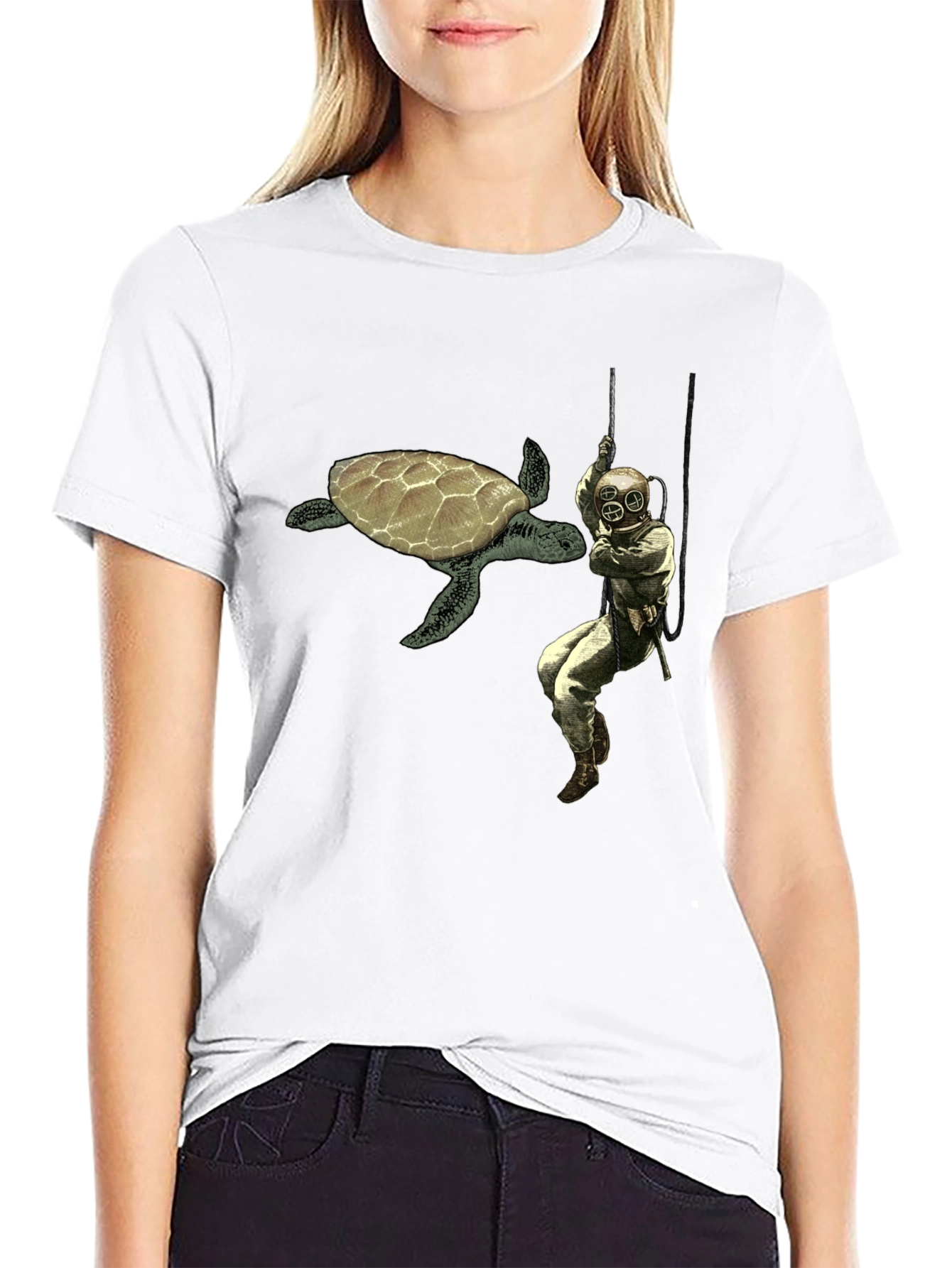 Retro Diver & Turtle Graphic Tee - Black Cotton