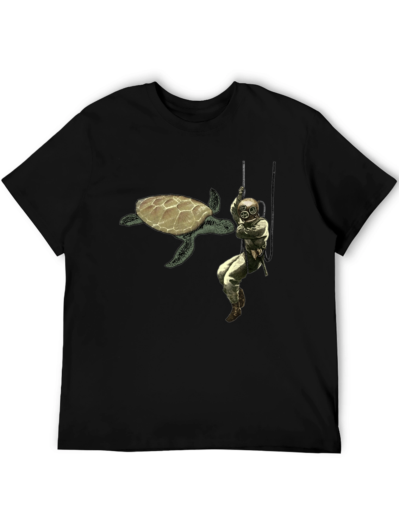 Retro Diver & Turtle Graphic Tee - Black Cotton