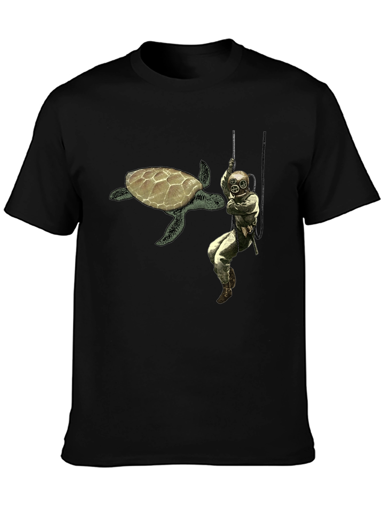 Retro Diver & Turtle Graphic Tee - Black Cotton
